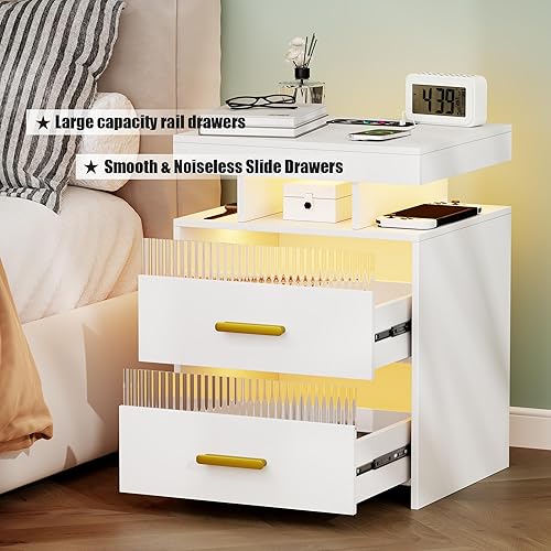Miniatura 8 de Mesita de noche con estación de carga y luces LED, mesita de noche con 2 cajones, mesita de noche inteligente de madera, mesa auxiliar de cama