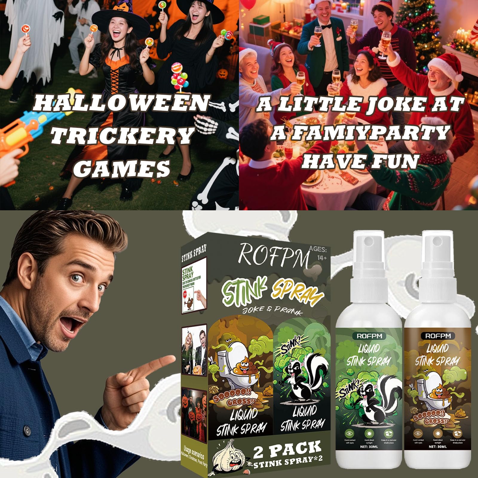 2 SZTUKI Spray do nięcia, spray w płynie do nięcia, malodorant w sprayu do żartów, długi czas trwania potężny zapach pompy, żart zabawka na Halloween