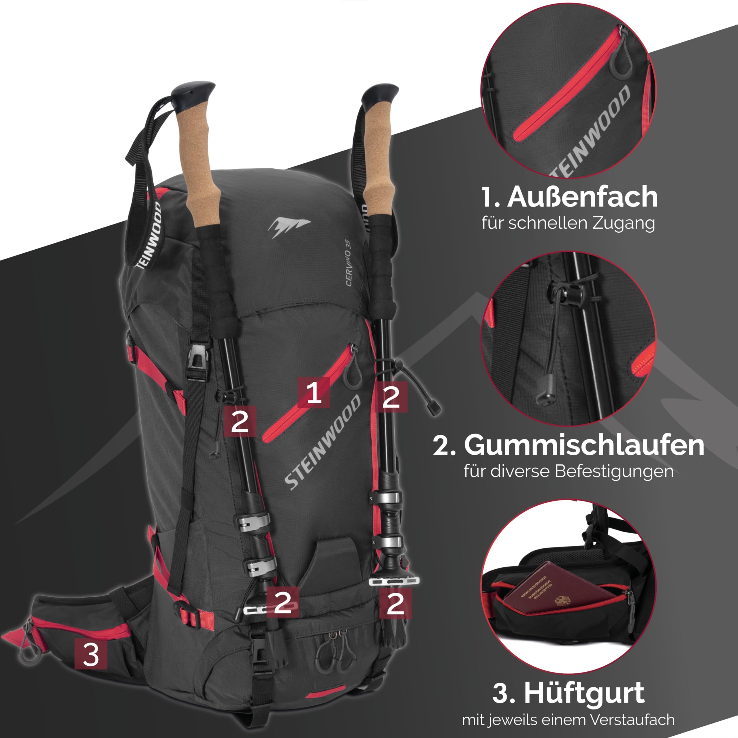 Steinwood Wanderrucksack Herren & Damen 35L - Outdoor-Rucksack, Reiserucksack, Tagesrucksack wasserabweisend mit Regenschutz und Rückenbelüftung, schwarz