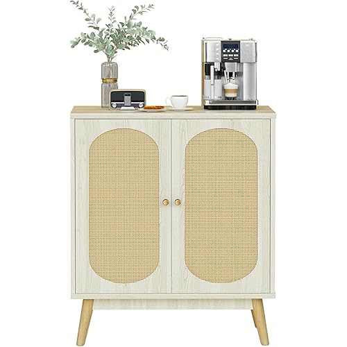 Lamerge Rattan Sideboard Storage Cabinet,2 Door Buffet Cupboard Accent Cabinet with Adjustable Shelves,Free Standing Bookmatch,Boho Cabinet,Hallway Console Table,Kitchen Cabinet,Oak