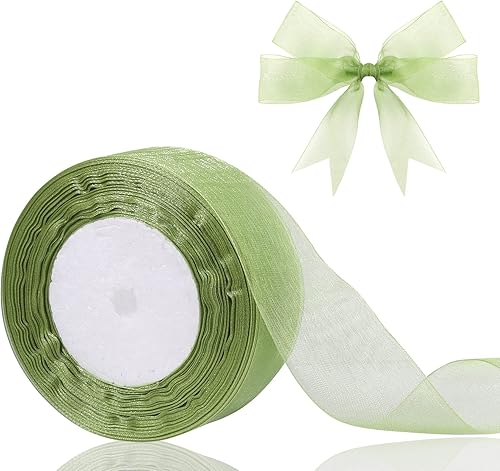 Hiswan Cinta de organza transparente de 1.5 pulgadas, color verde salvia, cinta de gasa para envolver regalos, decoración de Navidad, Halloween,