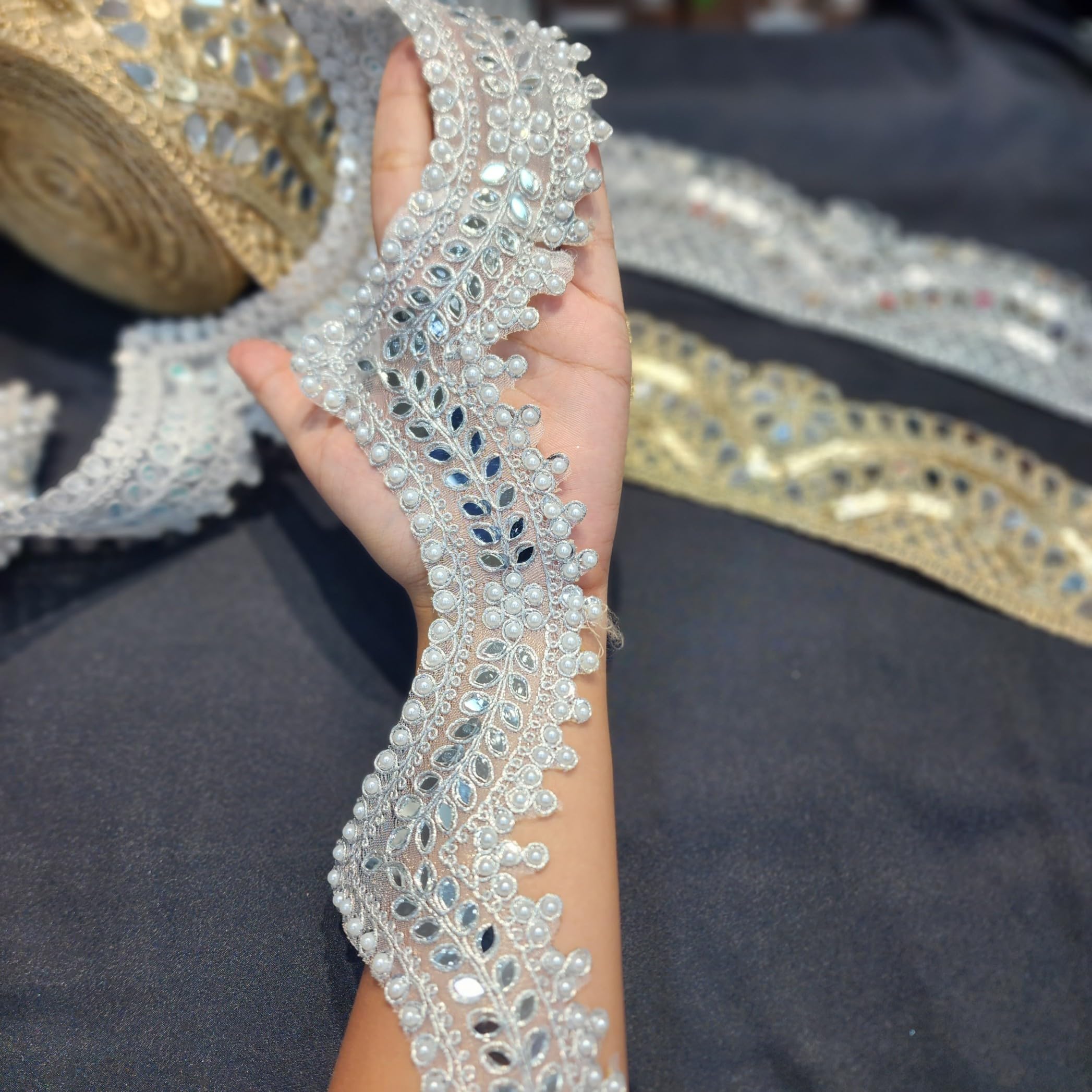 Mohan Shoppe Cutwork Mirror and Beads Work Laces for Suits Kurties Bags  Dresses Dupatta etc. Pack of 1 roll (9 Meters) Approx. (Silver) :  Amazon.in: Home & Kitchen
