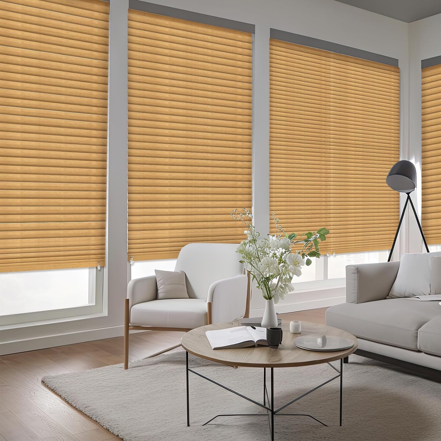 Threehoney 2 Pcs 35 x 110 Inches Temporary Blinds No Tools Cut to Size Fabric Paper Blinds Adhesive Privacy Shades for French Door Sliding Door Window Light Filtering Blackout Pleated(Brown)