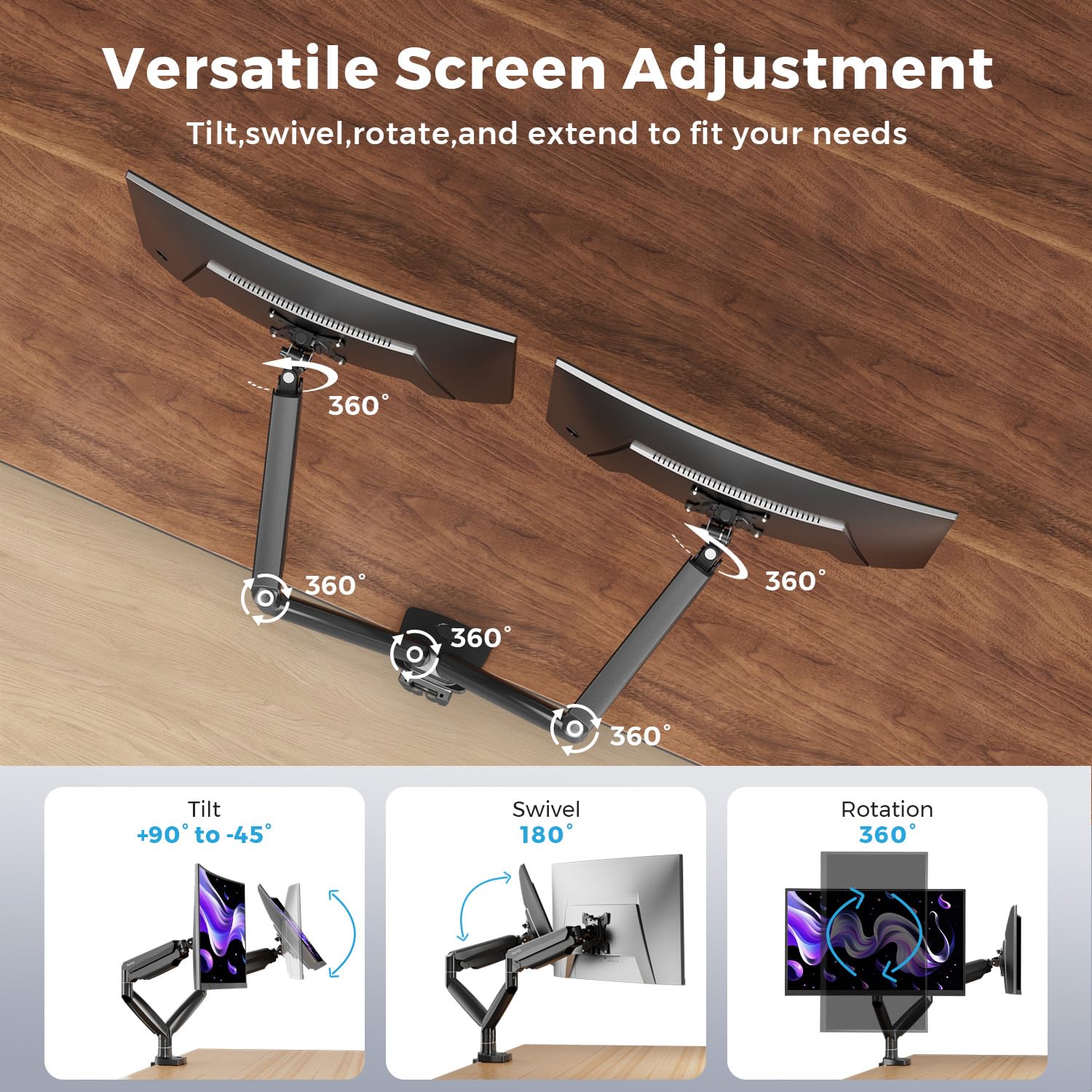 Supporto da scrivania per doppio monitor fino a 35", max 13 kg ciascuno, braccio per monitor ultrawide resistente, supporto per monitor regolabile in altezza con movimento completo, molla a gas per 2