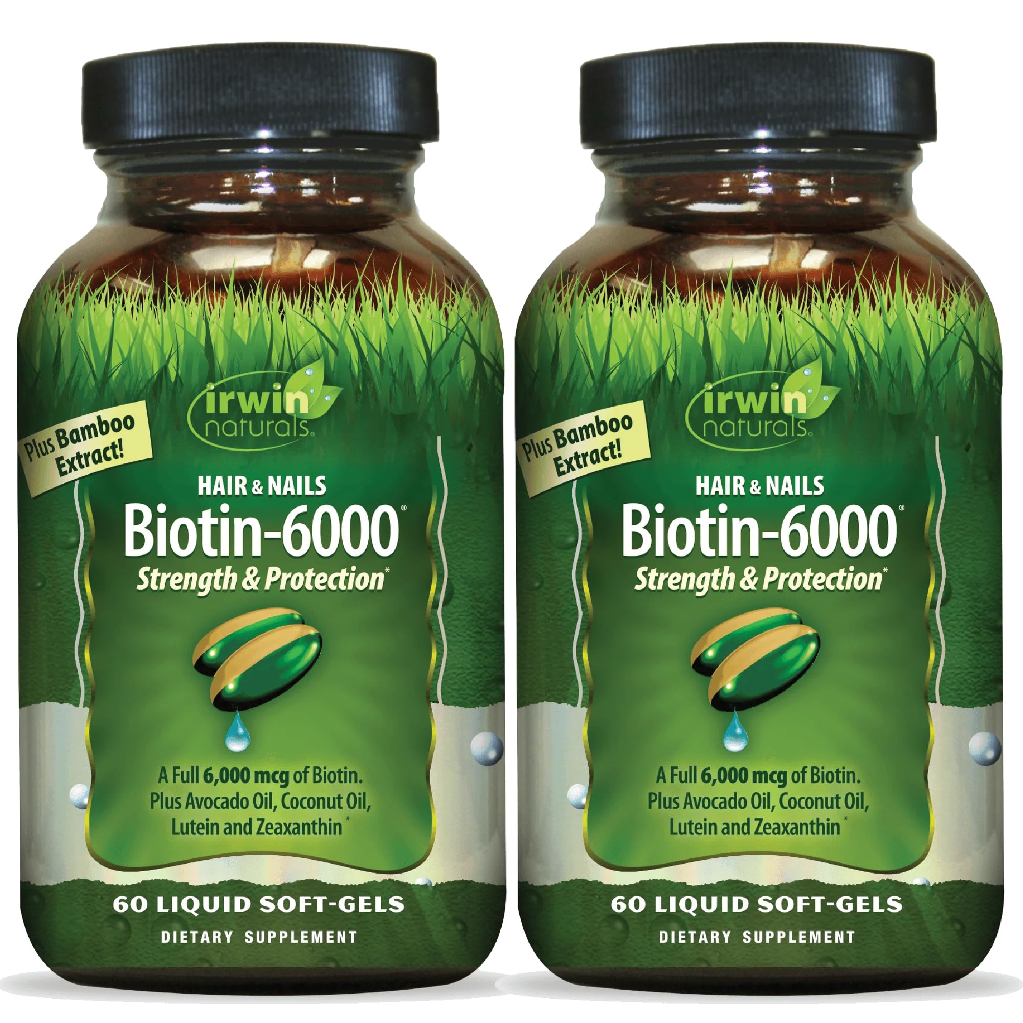 Biotin-6000-60 Liquid Soft-Gels, Pack of 2 - Supports Strength & Protection for Hair & Nails - with Avocado Oil, Coconut Oil, Lutein & Zeaxanthin - 60 Total Servings