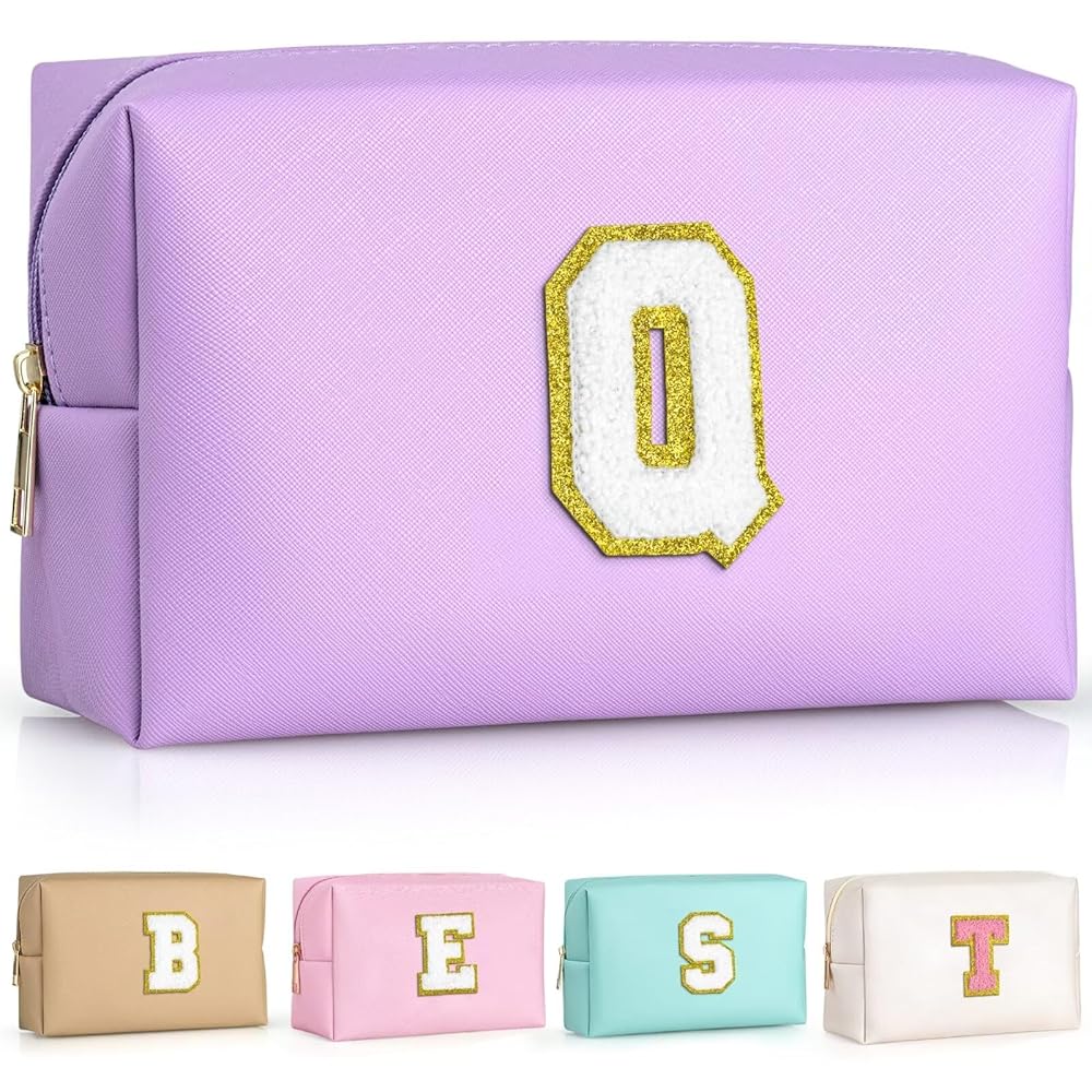 TOPEAST Initial Makeup Bag for Travel, Chenille Letter Pouch Cosmetic Bag, PU Leather Waterproof Toiletry Bag, Personalized Gifts for Bride Bridemaids, Cute Things for Girls (Purple Q)