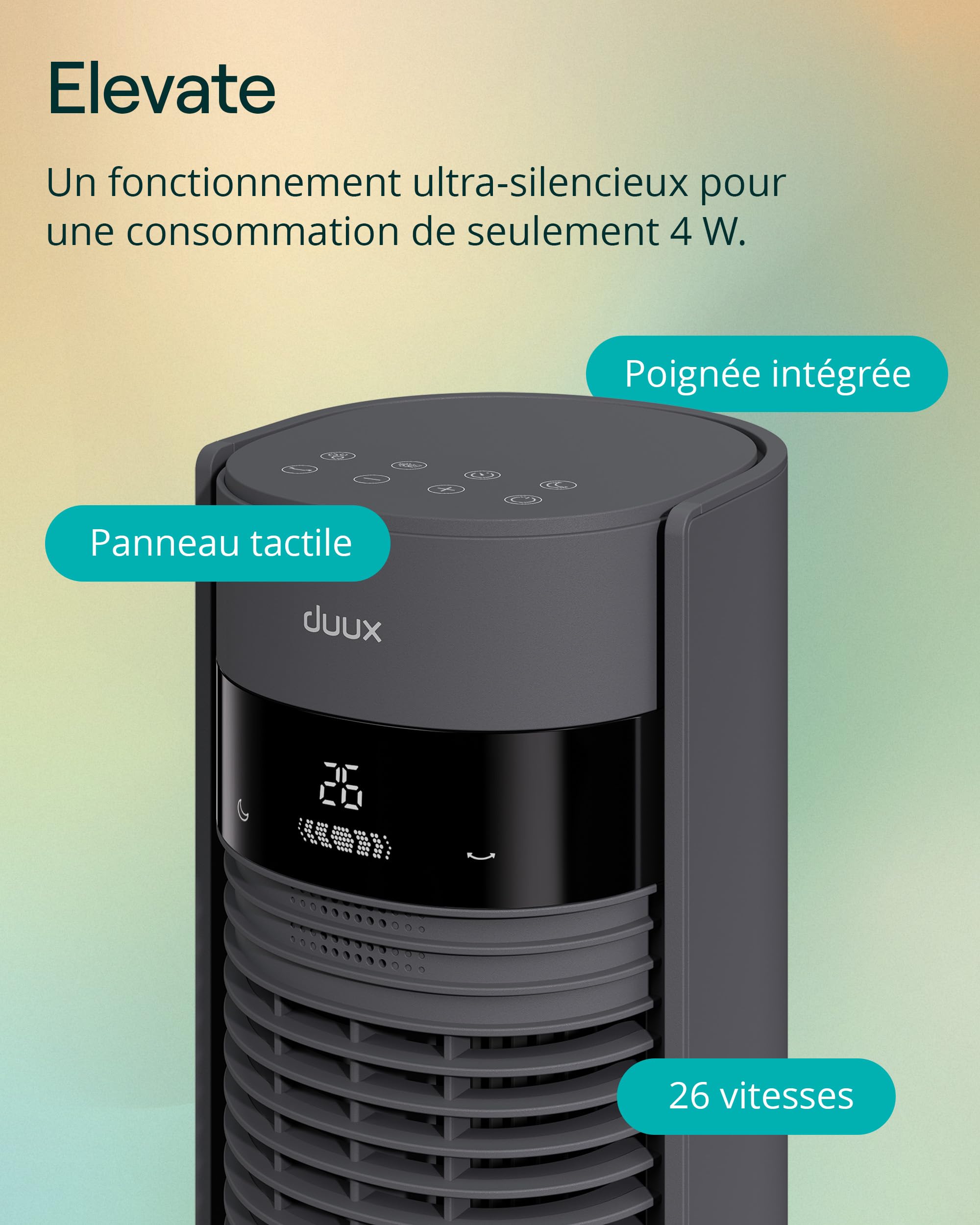 Duux Elevate Ventilateur Colonne – 26 Vitesses, Oscillation 80°, Seulement 25 dB, Ioniseur, Minuterie (1–12h), Mode Nuit, Écran Tactile & Télécommande – Silencieux & Intelligent – Gris