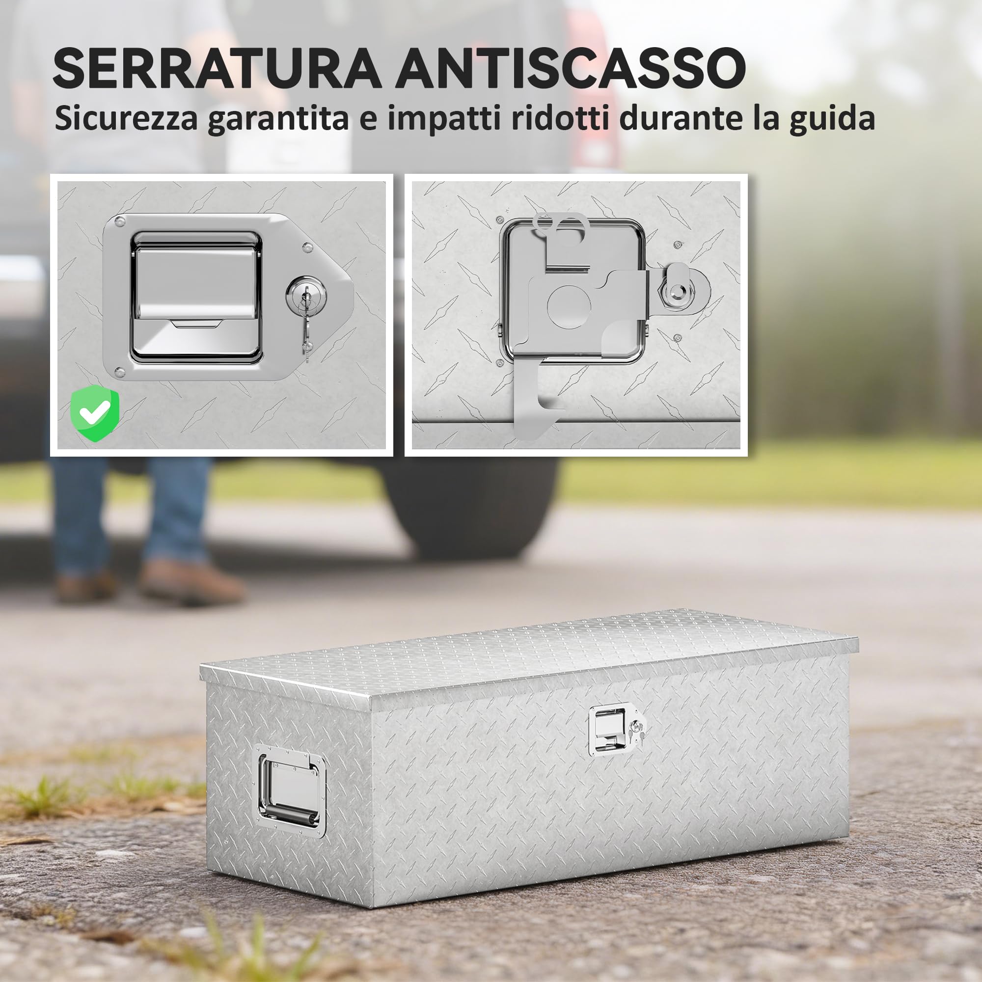 HOMCOM Cassetta degli Attrezzi in Alluminio con Serratura 2 Chiavi, Maniglia Laterale, Cassa Box Portautensili 43L Resistente, Scatola Portaoggetti per Pick-Up Camper Rimorchi, 76.2x33x24.4cm, Argento