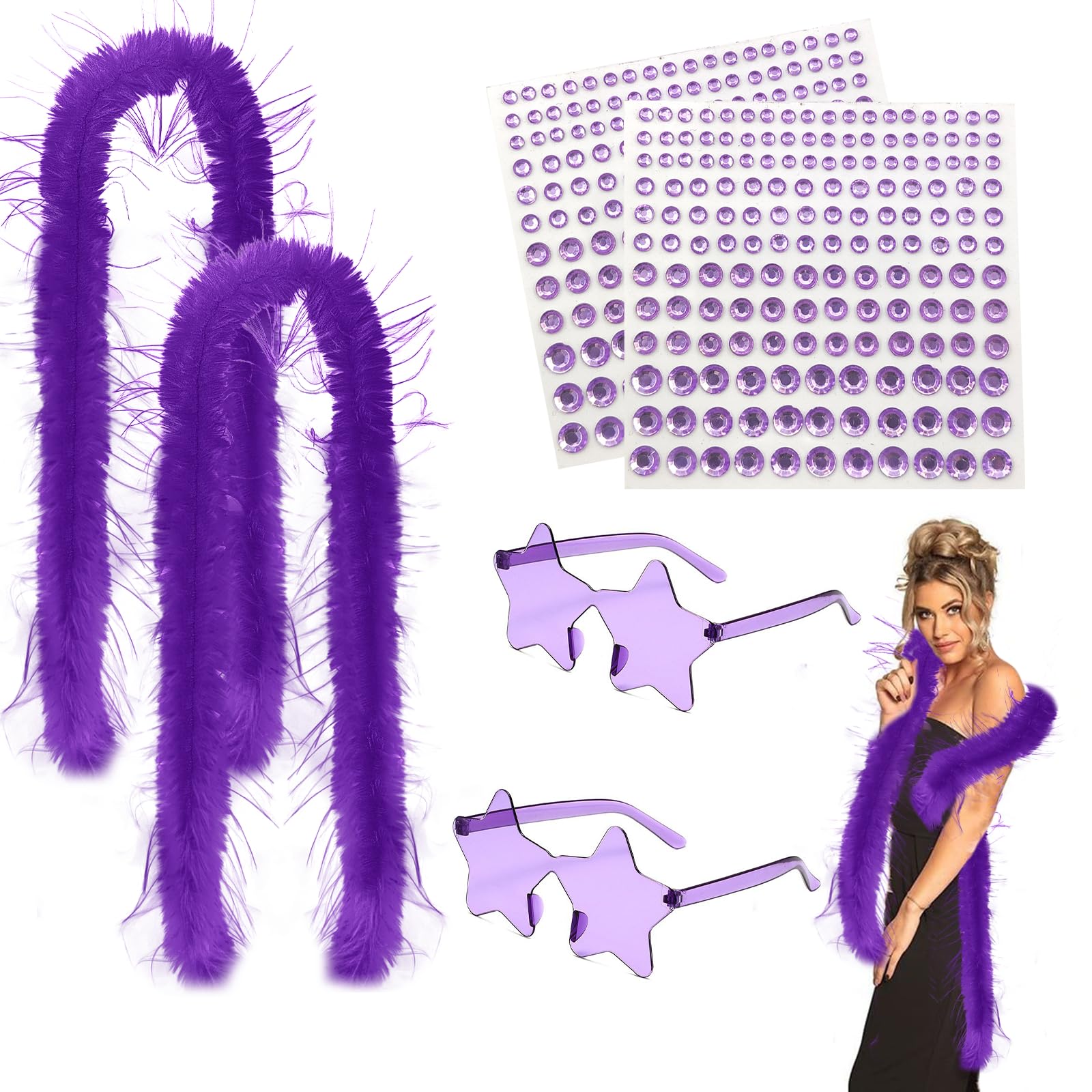 4 PCS Feather Boas Star Rimless Sunglasses Rhinestone Stickers for Women Girls 6.6ft/2M Artificial Turkey Feather Boa Party Accessories for Wedding Bachelor Halloween Christmas Cosplay Purple