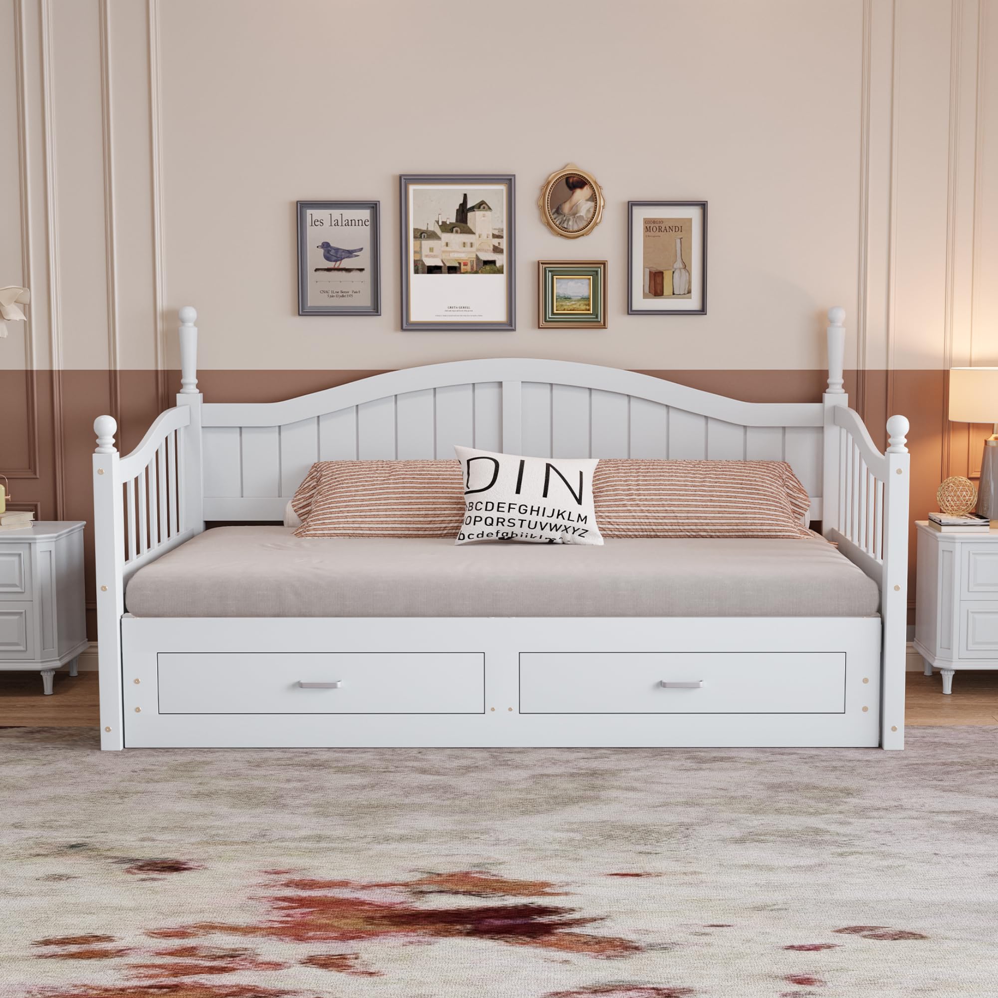 Kebnor Sofá cama extensible de madera maciza 90/180 x 190 cm, con columnas romanas, con respaldo y reposabrazos curvados, con cajones y somier (blanco)