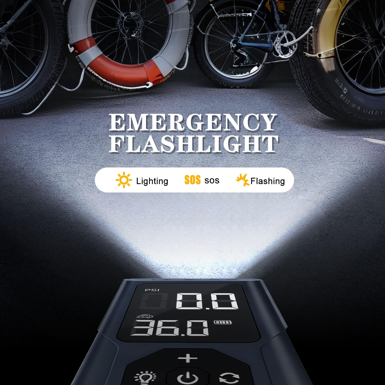 EFaith Compresseur À Air Portatif, gonfleur pneus voiture, Pompe À Velo Gonfleur Electrique, Gonfleur Pneu Sans Fil avec Batterie 3600mAh & 12V DC, LED et Arrêt Automatique Pour Voiture Vél Basket-bal