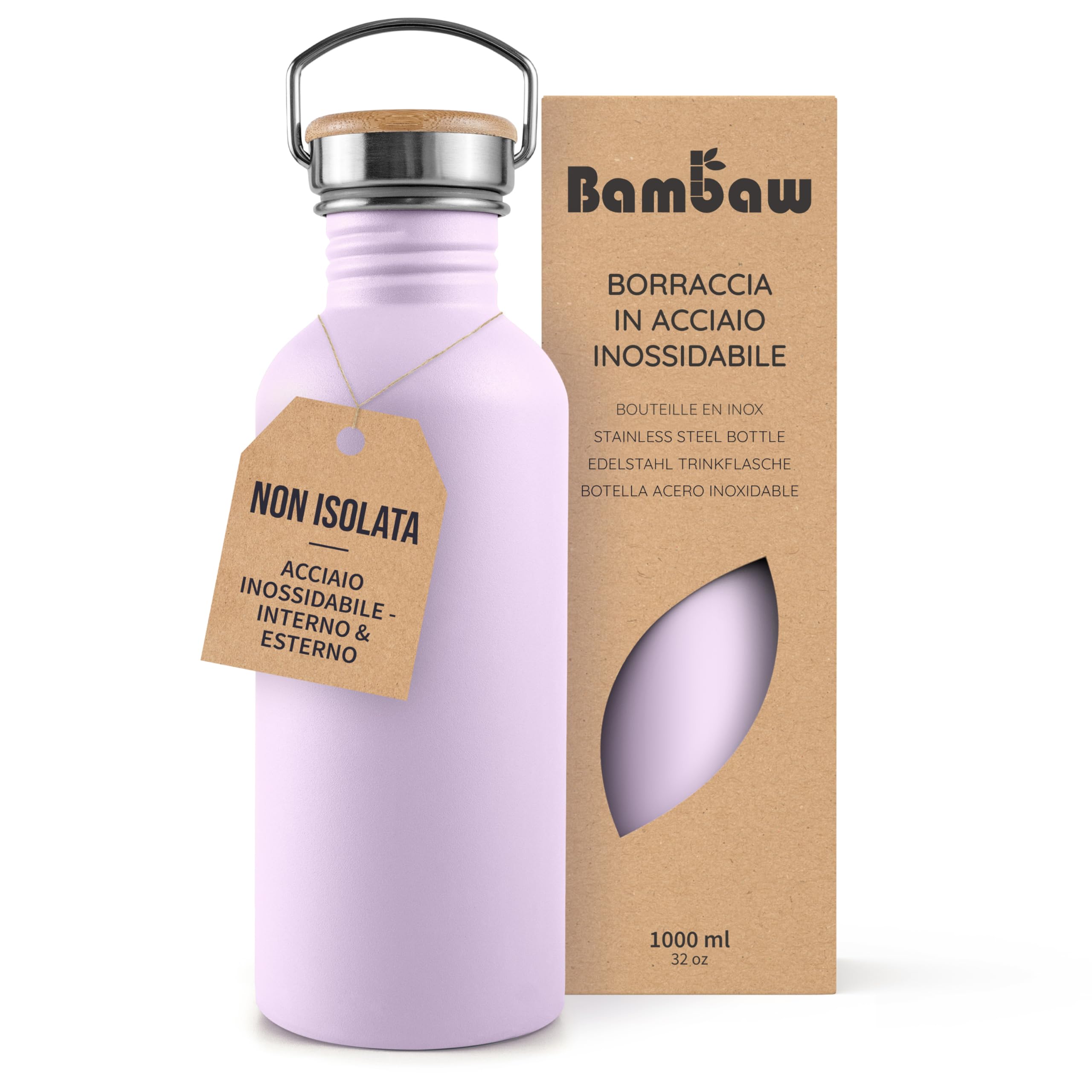 Bambaw Bottiglia Sportiva In Acciaio Inox, 1 Litro, Non Isolata, Senza Bpa, Colore Lilla Chiaro-image