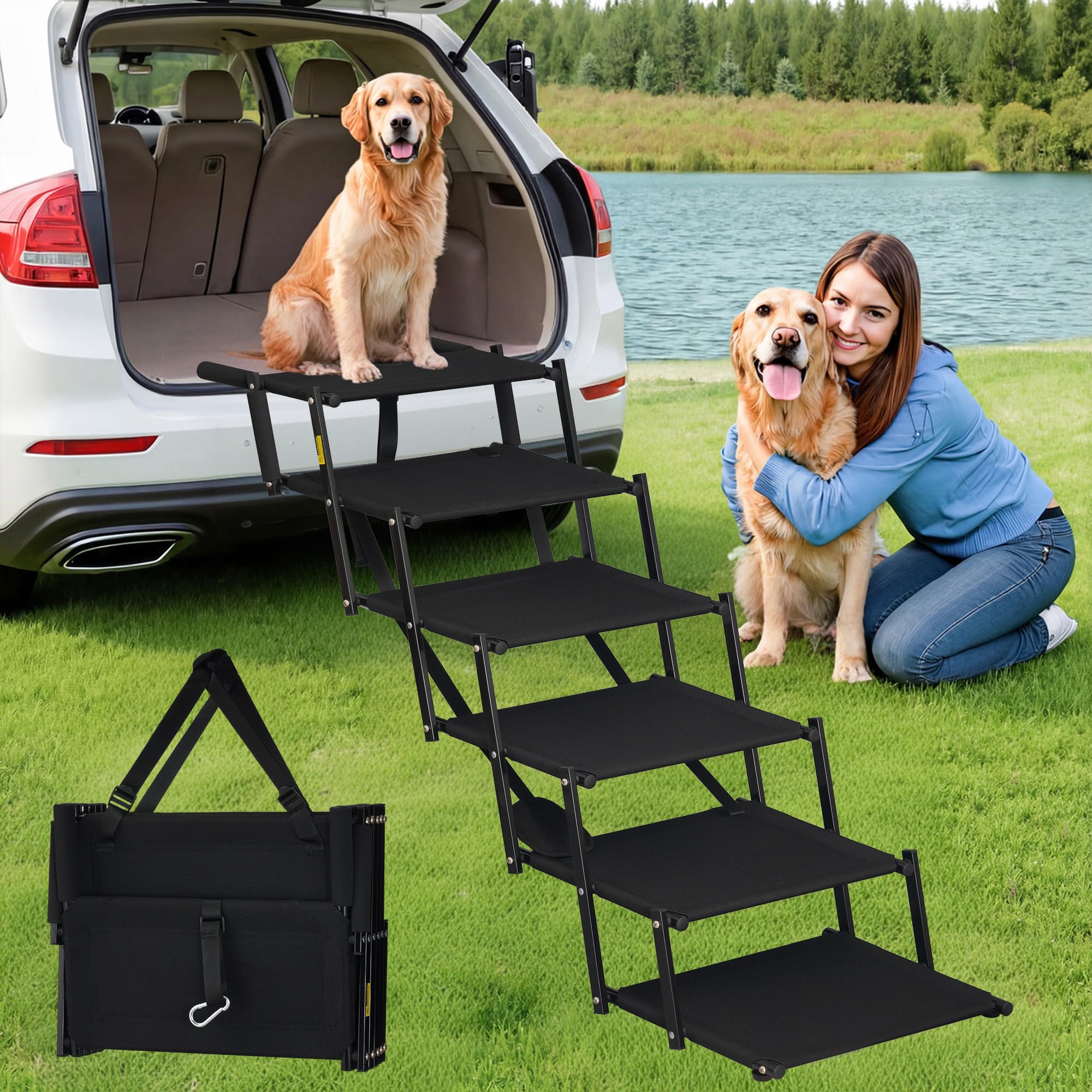 Photo 1 of AeedWisp Dog Stairs for Cars - Heavy Duty Foldable Pet Ramp, 150 lbs Capacity