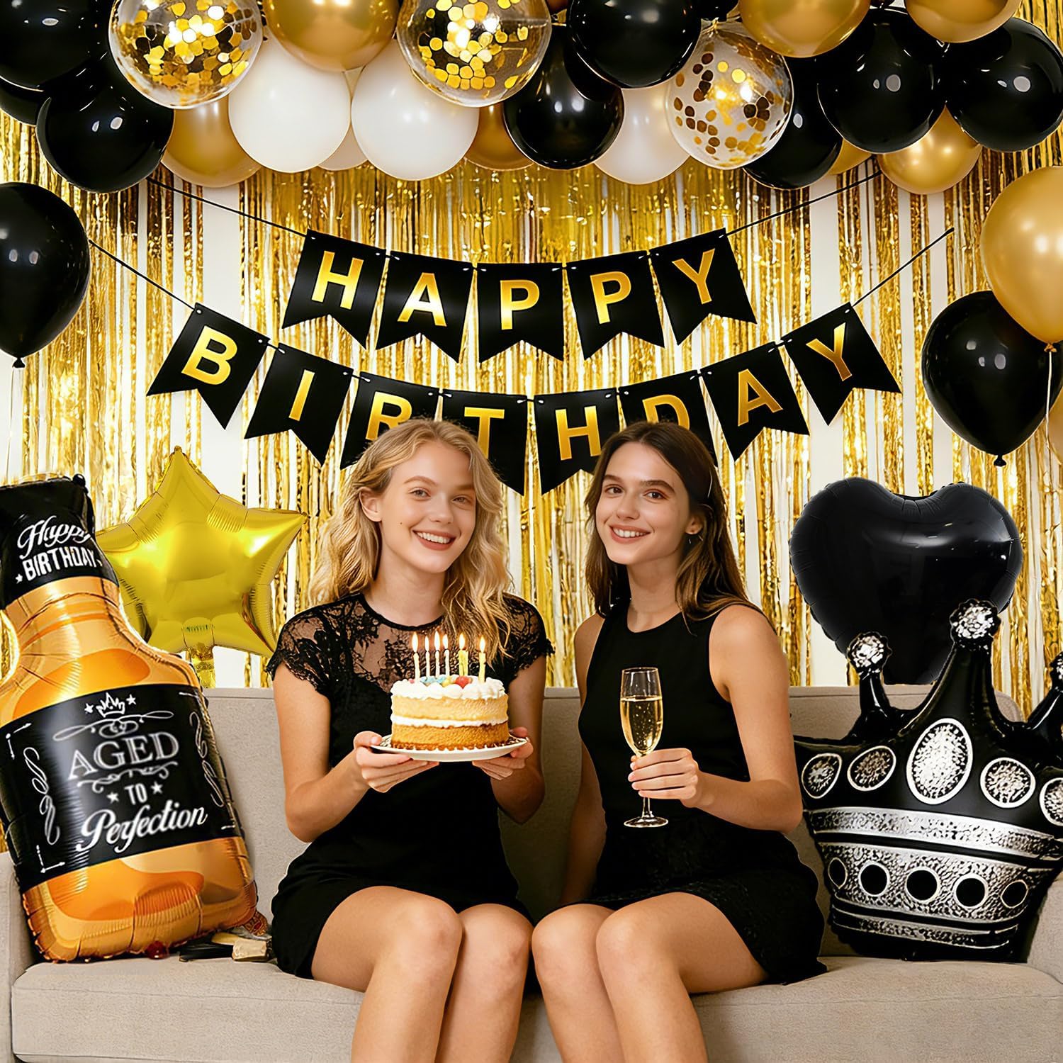 Black and Gold Birthday Decorations for Men Women with Happy Bithday Banner, Curtains, Bottle, Crown, Heart Star Balloons and LED light for Black and gold Party Decorations (Black-gold) - Image 2