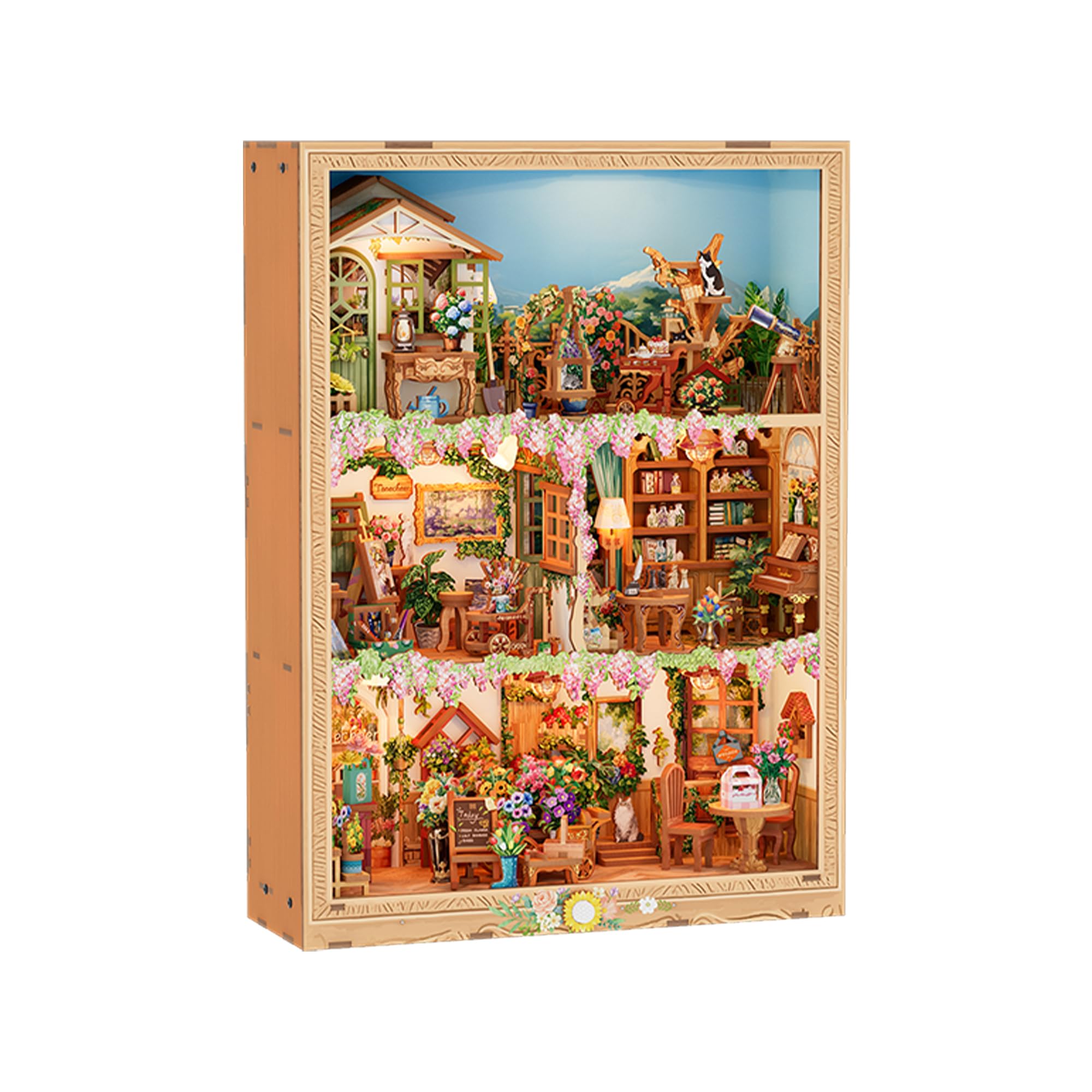 Tonecheer DIY Miniature House Kit, Book Nook Dollhouse Story Frame Kit Wooden 3D Puzzle, Wall Mountable Decor Diorama Model with Dust Cover and LED for Ideal Gift - Blossom Time