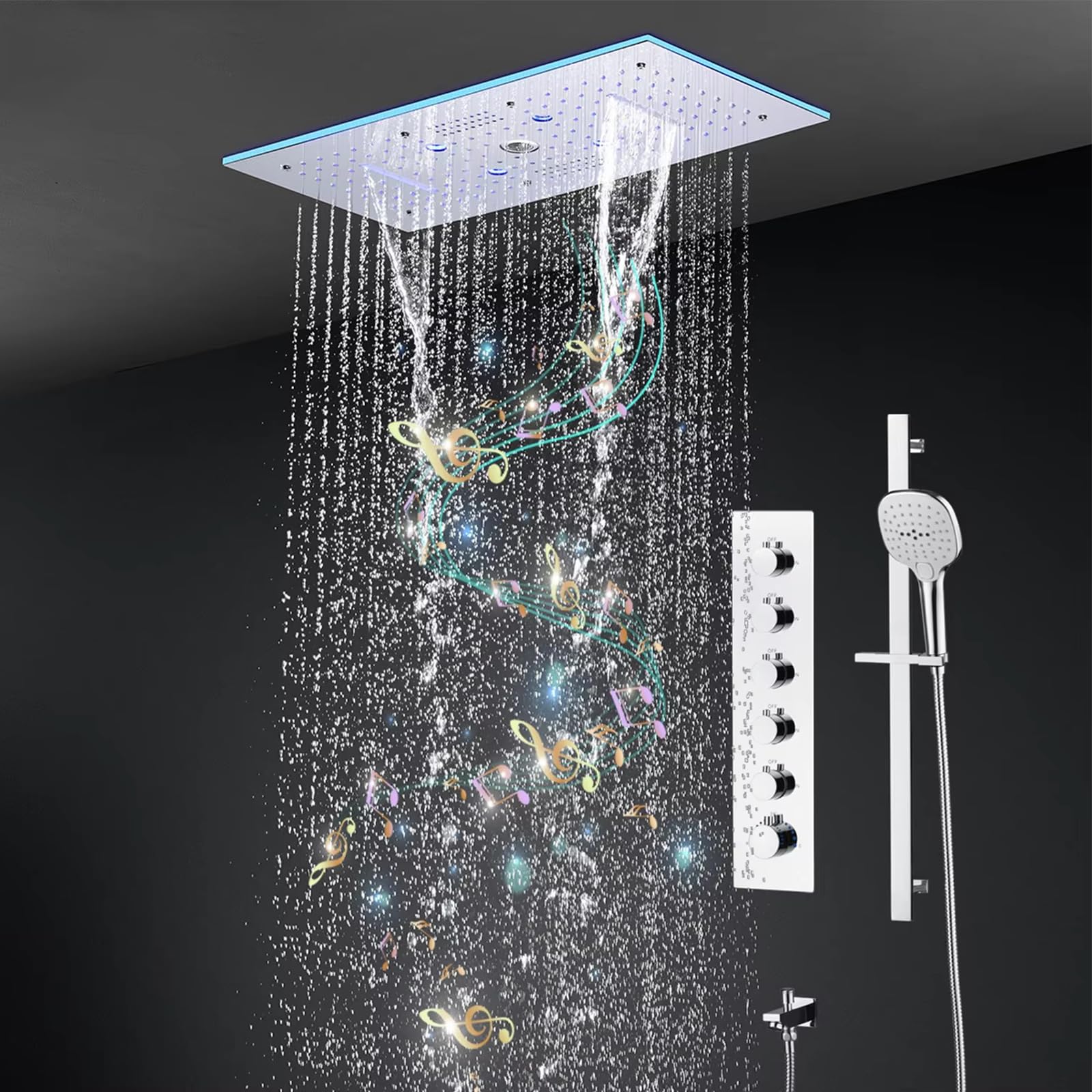 Colonna Doccia,Set Doccia Multifunzione con termostato,Kit Doccia con Musica Bluetooth con soffione da 30x60cm,LED Multicolore,doccetta Manuale,con Rubinetto,Doccia soffione Completo