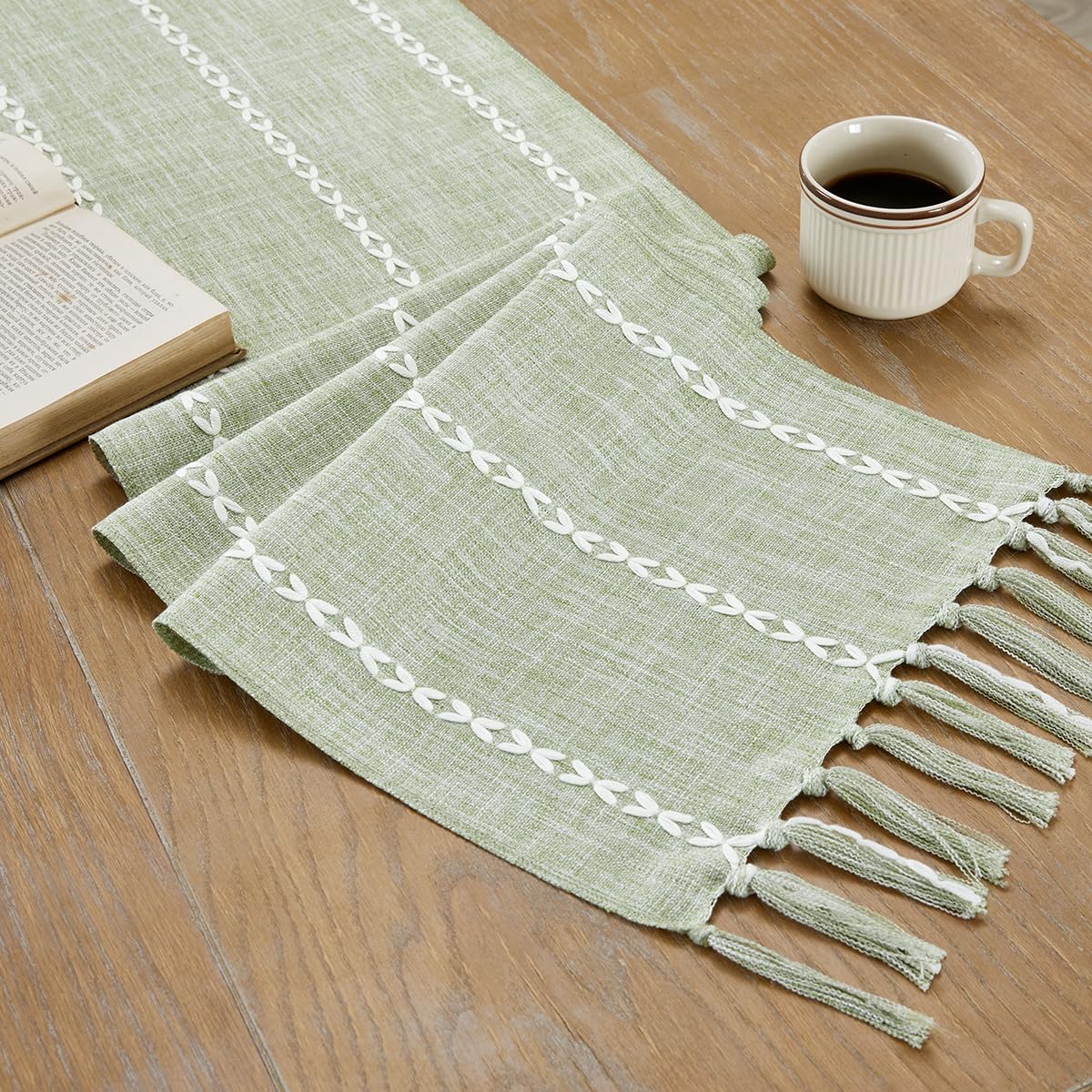 Wracra Cotton Linen Table Runner Farmhouse Style Desert Sage Table Runner 90cm with Hand-tassels for Party Dining Room Decorations Dessert Table Decor(Desert Sage - Image 3