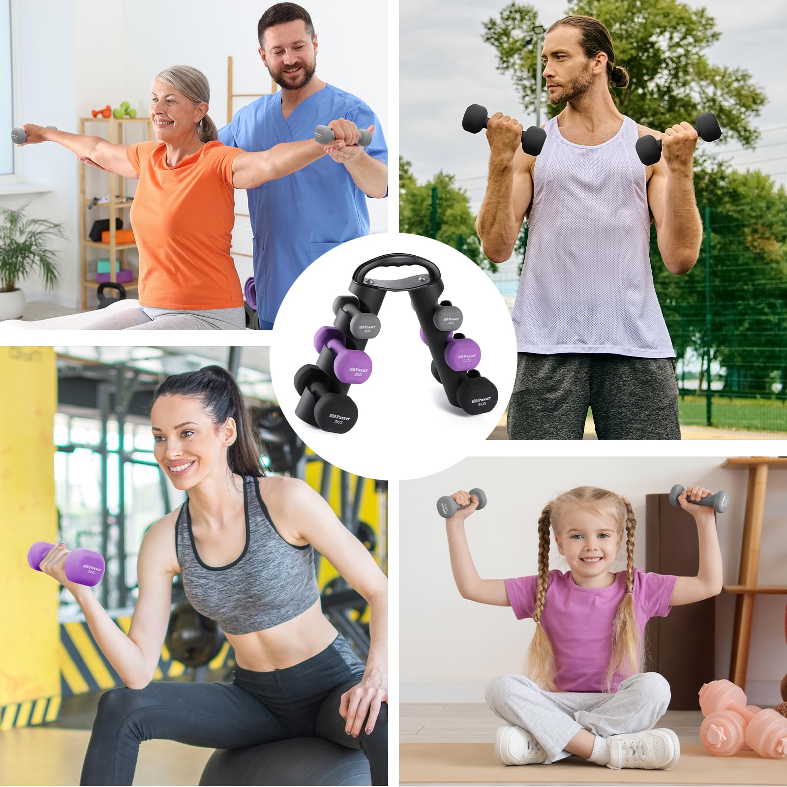 Neopren Hanteln Set mit 3-Tier Ständer, inkl. 2 × 1 kg, 2 × 2 kg, 2 × 3 kg, Hanteln Frauen Männer, Hantelset Kleine Kurzhantelset Gewichte Hantel für Damen - Krafttraining, Fitnesstraining, Gym