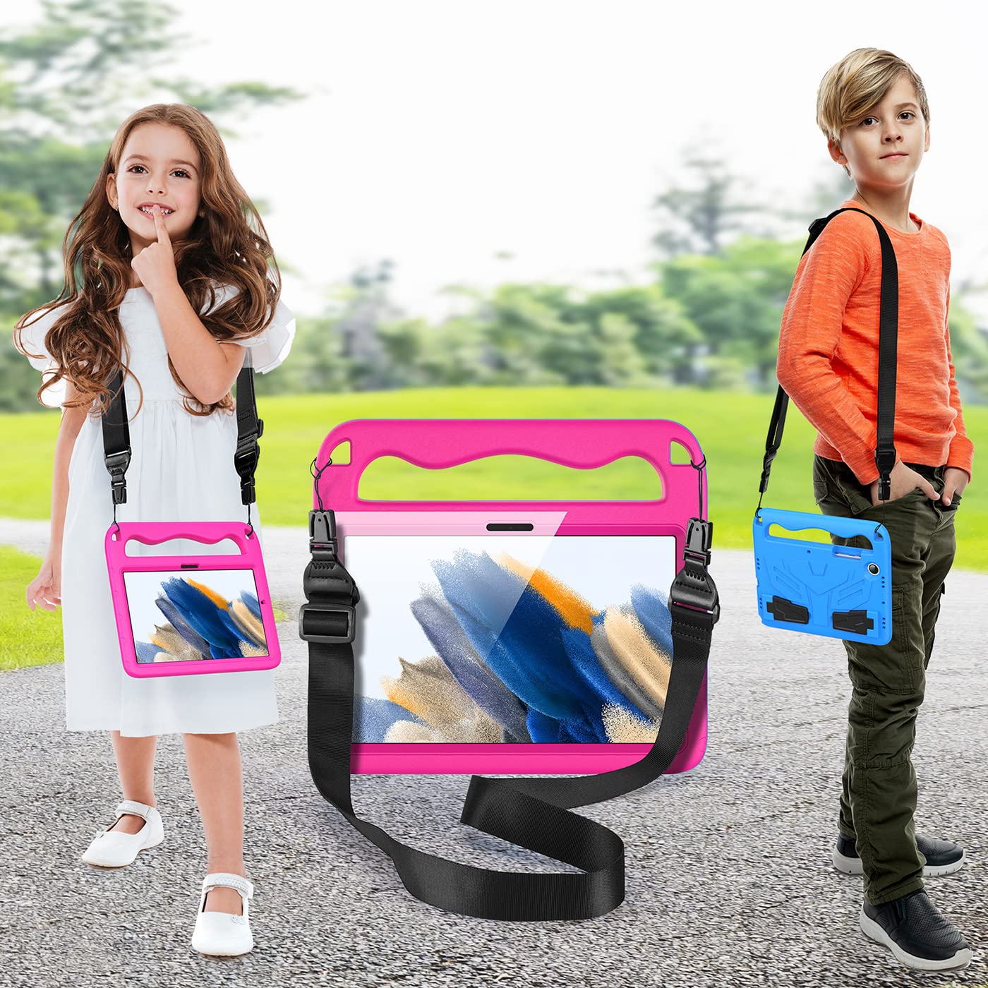 Funda Niños para Samsung Galaxy Tab A8 10,5 Pulgadas (SM-X200/X205/X207) con Protector de Pantalla Incorporado, Asa Infantil y Correa de Hombro, Funda Infantil Antichoque, Magenta