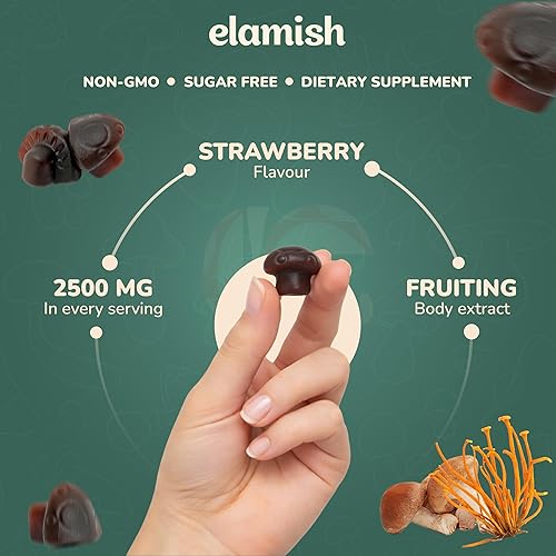 Miniatura 6 de Elamish Gomitas de hongos – Enfoque, inmunidad y calma – Mezcla funcional de hongos 10 plex – Sin azúcar, sin OMG, sabor natural de fresa – Hecho