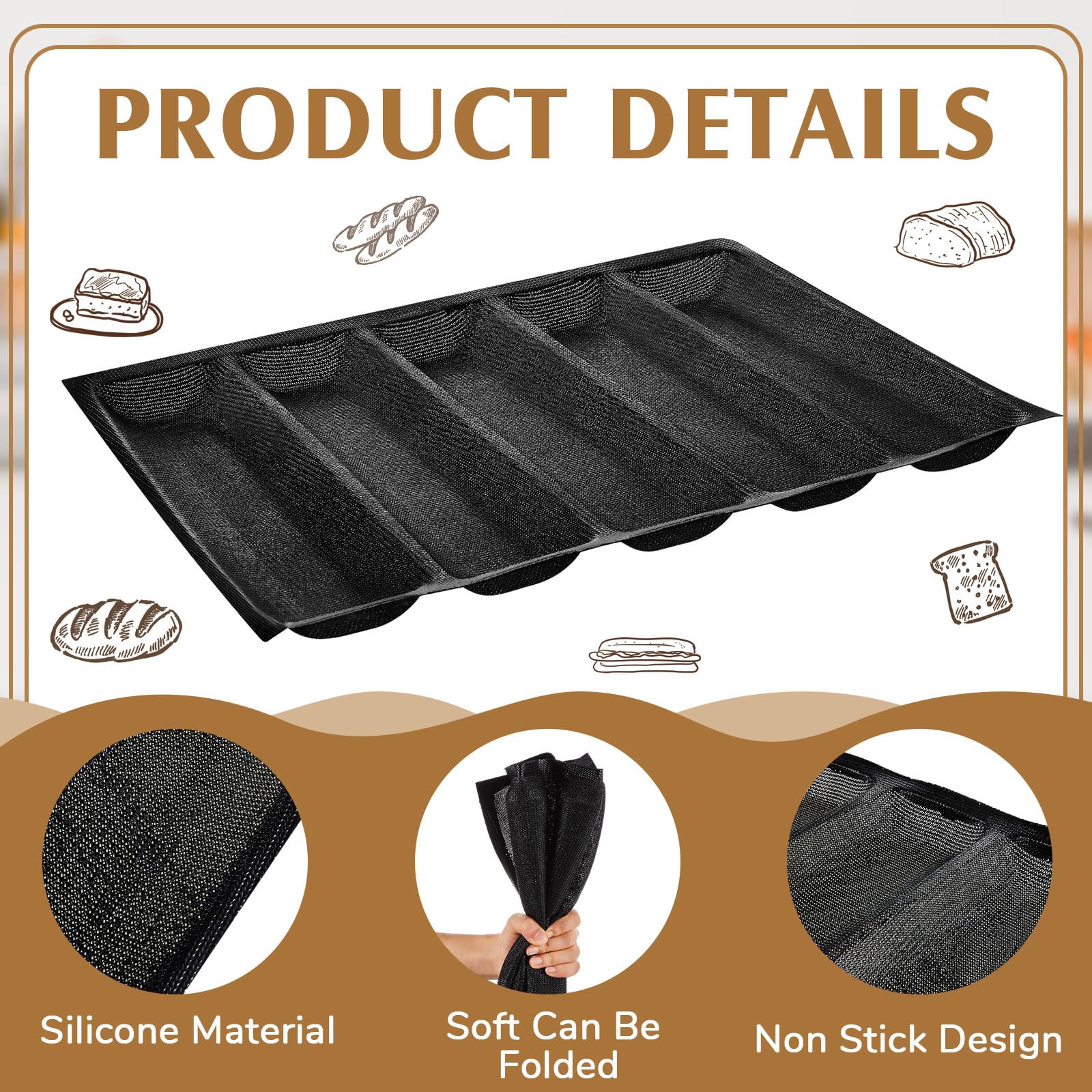Maxcheck Perforierte Silikon-Backformen, Sandwichform, französisches Baguette-Brotpfannen-Matte, 5 Stück, antihaftbeschichtet, Backeinlagen für Zuhause, Küche, 4 Stück