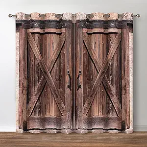 Jekeno Rustic Wood Blackout Curtains Farmhouse Vintage Brown Wooden Barn Door Decor Home Bedroom Living Darkening Grommet Window Drapes 2 Panel Set, 42"x63"