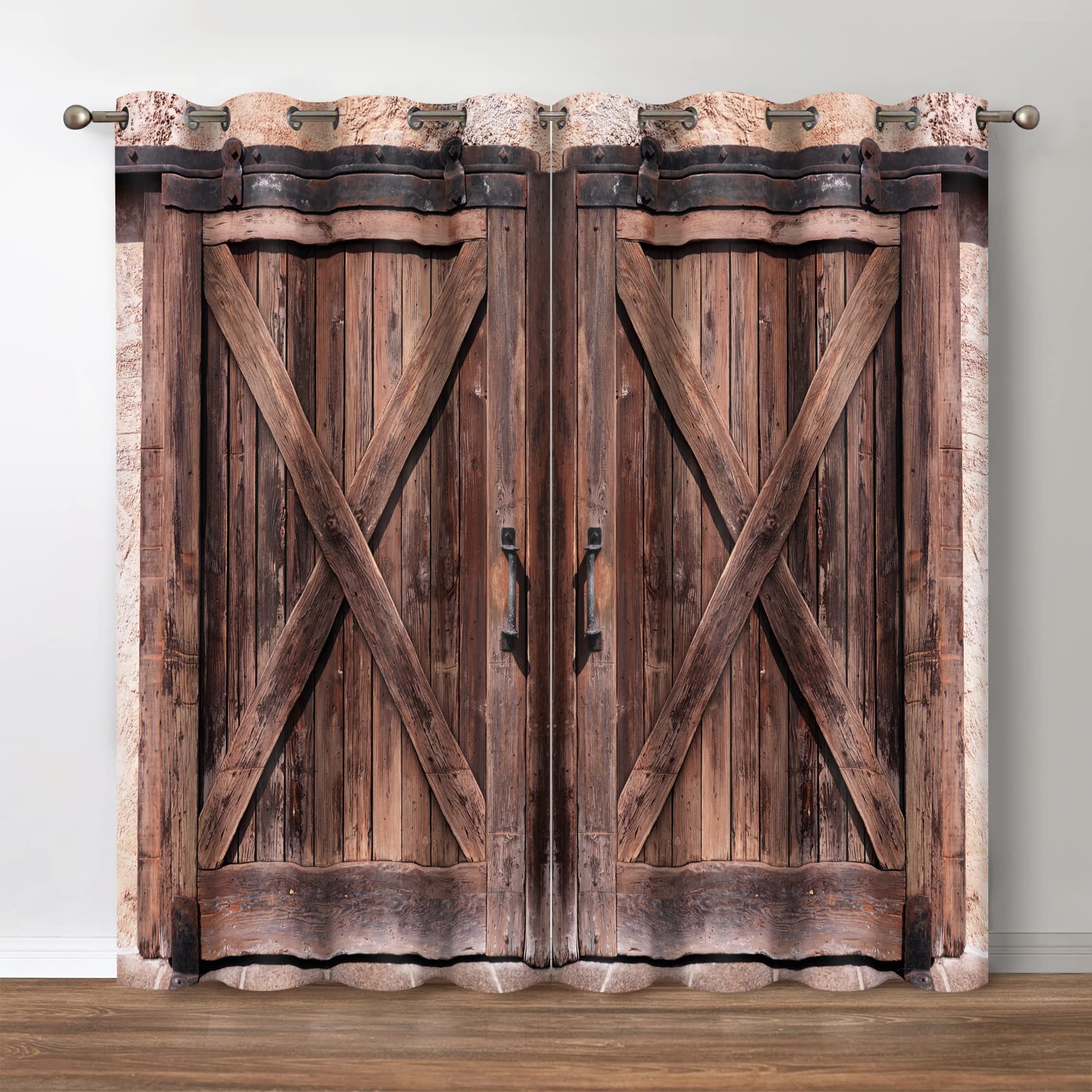 Jekeno Rustic Wood Blackout Curtains Farmhouse Vintage Brown Wooden Barn Door Decor Home Bedroom Living Darkening Grommet Window Drapes 2 Panel Set,