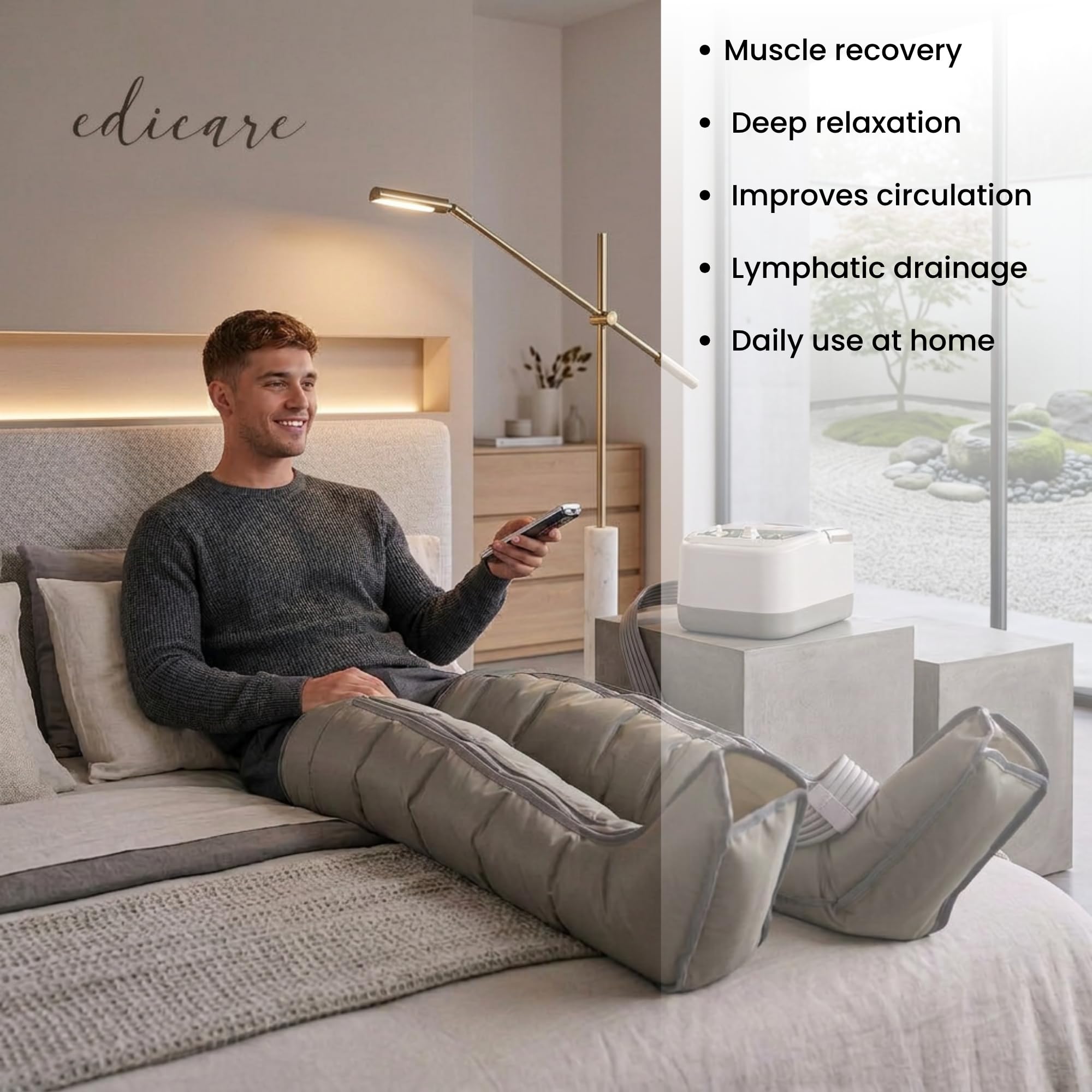 Edicare, Lymphdrainage Gerät, für Beine, Füße, Arme und Unterleib, Massagegerät, Einfaches Einstellbar und Anwendung, 6 Luftkammern, professionelle Wirksamkeit (Gerät und Beinschlaufen)
