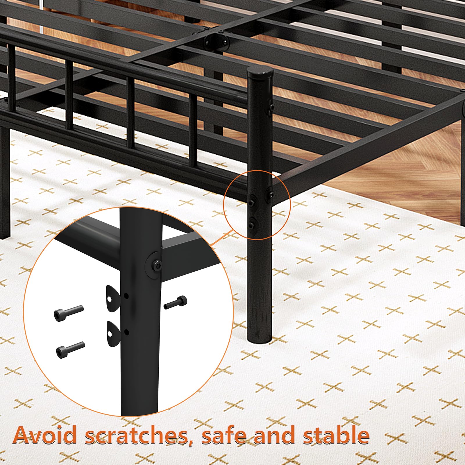 Base de cama de metal tamaño King con cabecera y estribo de 14 pulgadas, plataforma de metal con soporte de colchón con listones de acero, almacenamiento debajo de la cama, no necesita somier 8