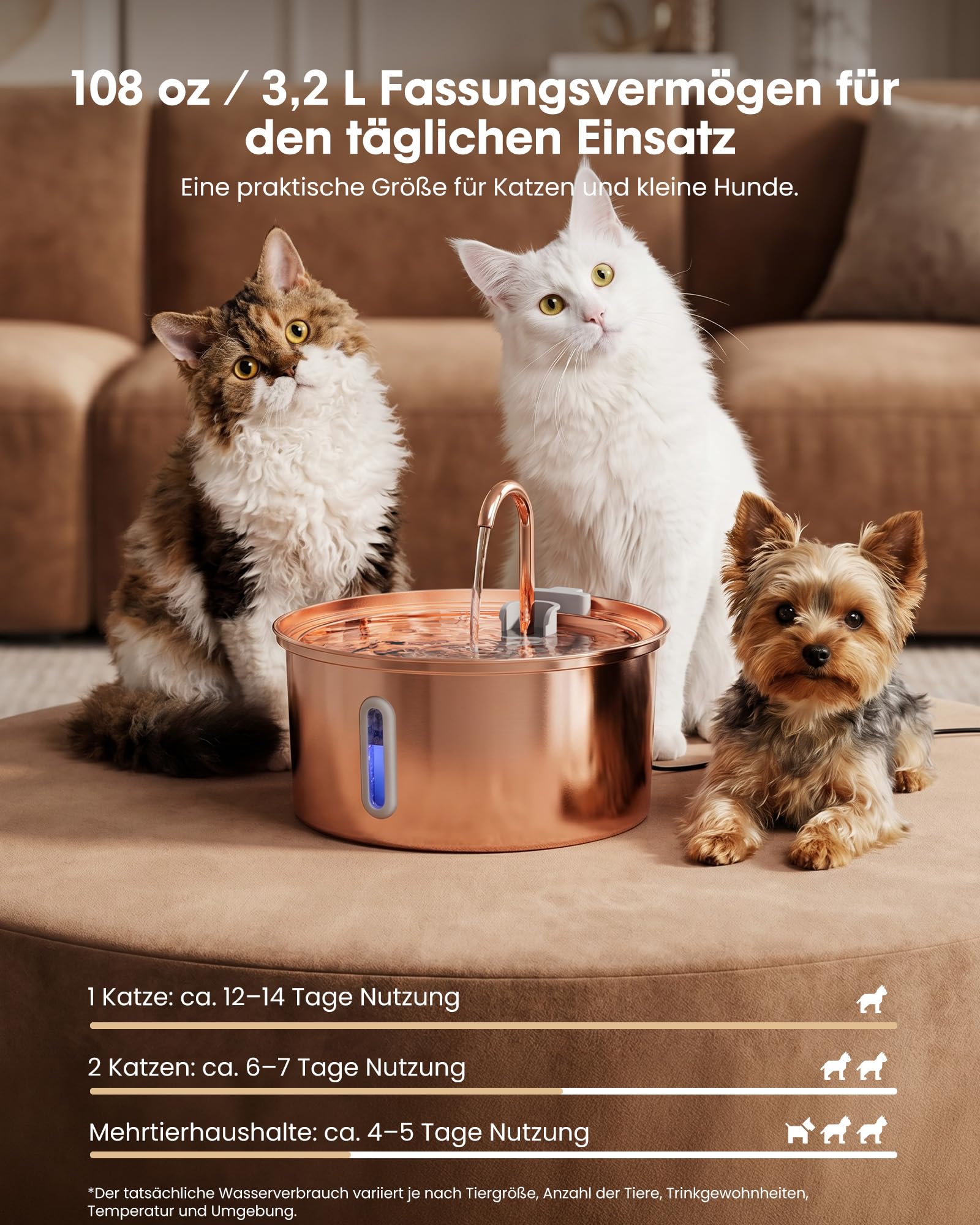 Kittyspout Katzenbrunnen 3,2L aus Edelstahl, mit 3 Filtern und Sichtfenster | Besonders leiser Trinkbrunnen für Katzen und kleine Hunde mit sanfter LED-Beleuchtung, Kupferoberfläche