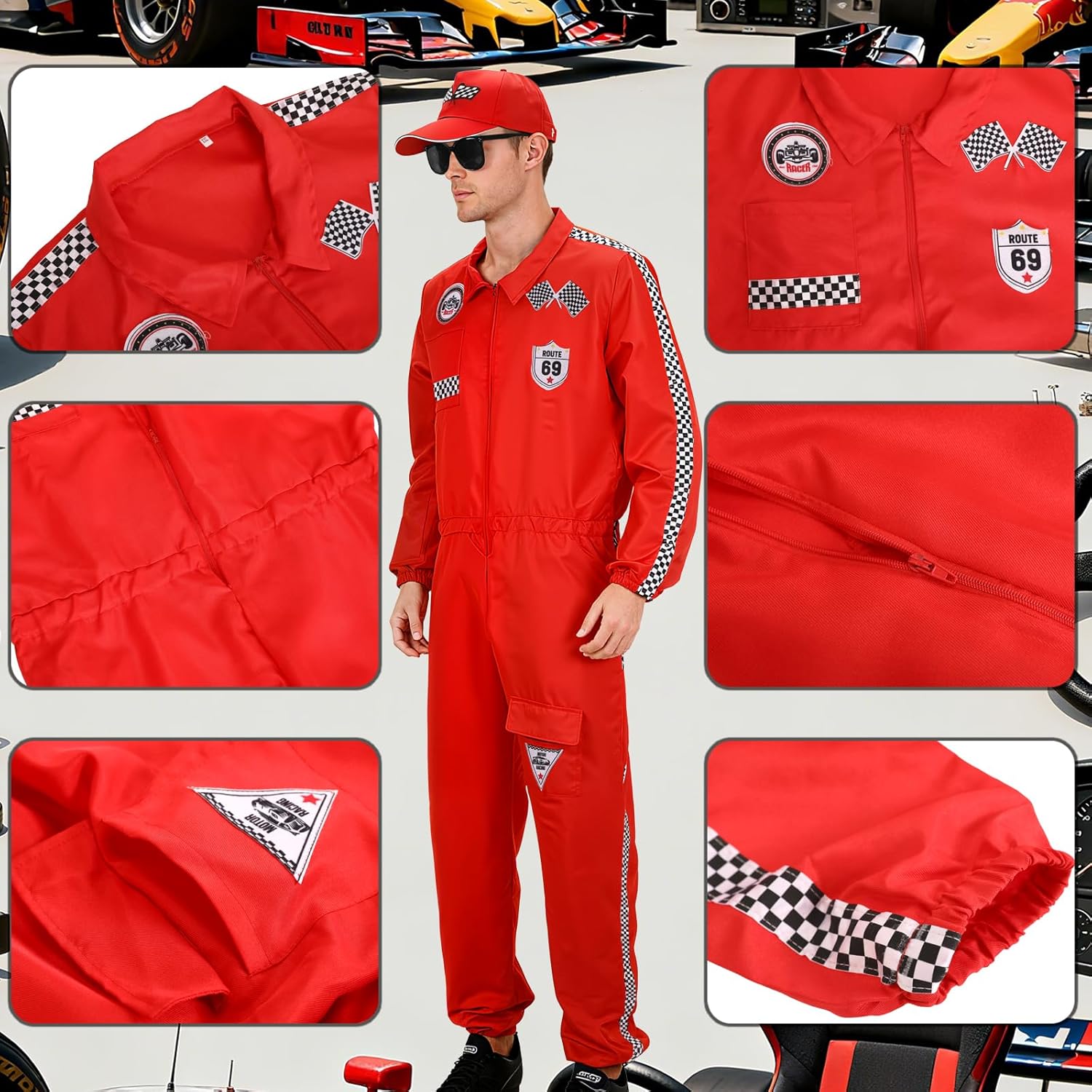 5PCS Racing Car Driver Costume for Slim Adults, Red Racer Jumpsuit Halloween Cosplay Outfit with Hat Sunglasses Flags - Image 4