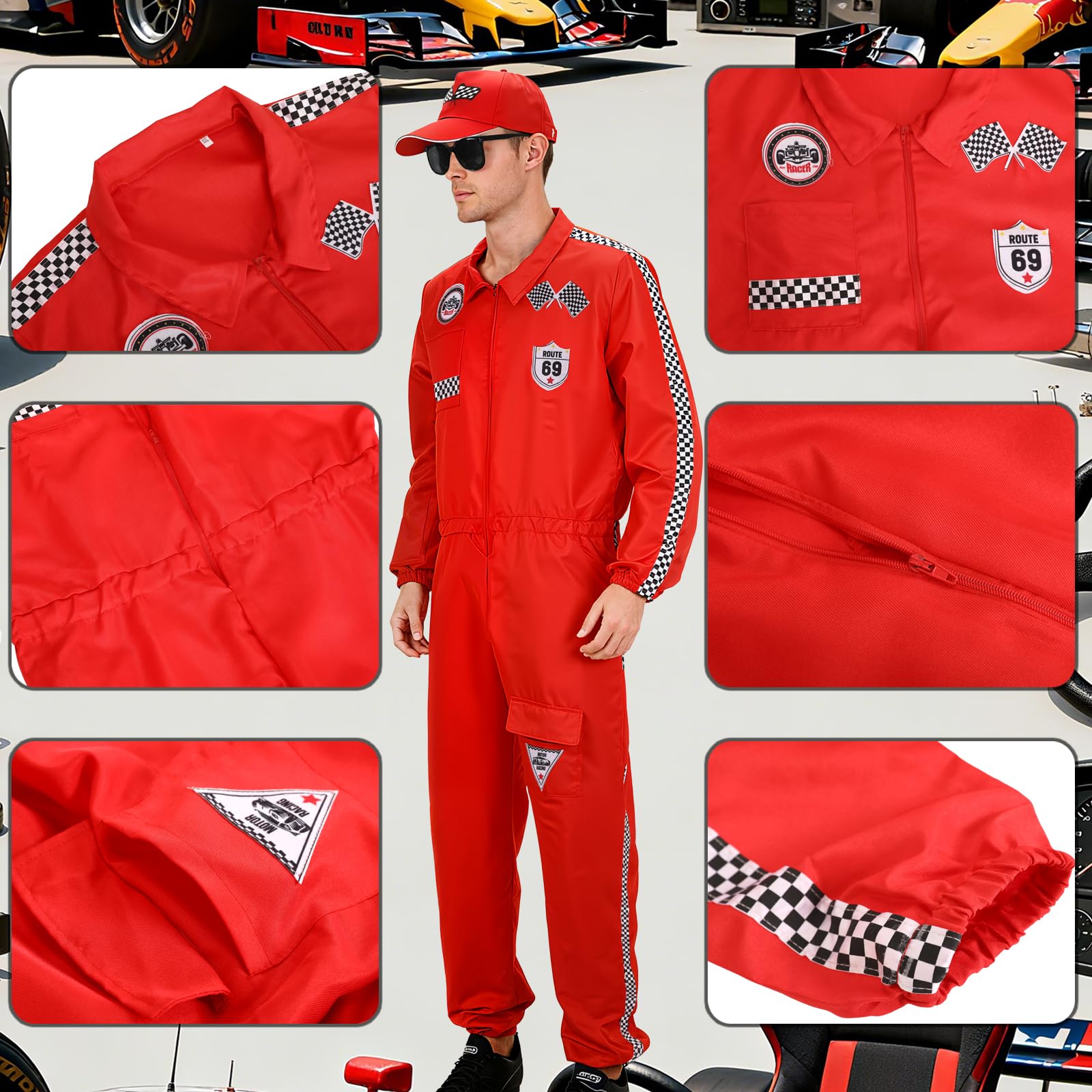 Rennfahrer Kostüm Herren, Rot Anzug Overall Damen Jumpsuit für Erwachsene, Racer Kostüm mit Handschuhen Hut für Karneval Halloween