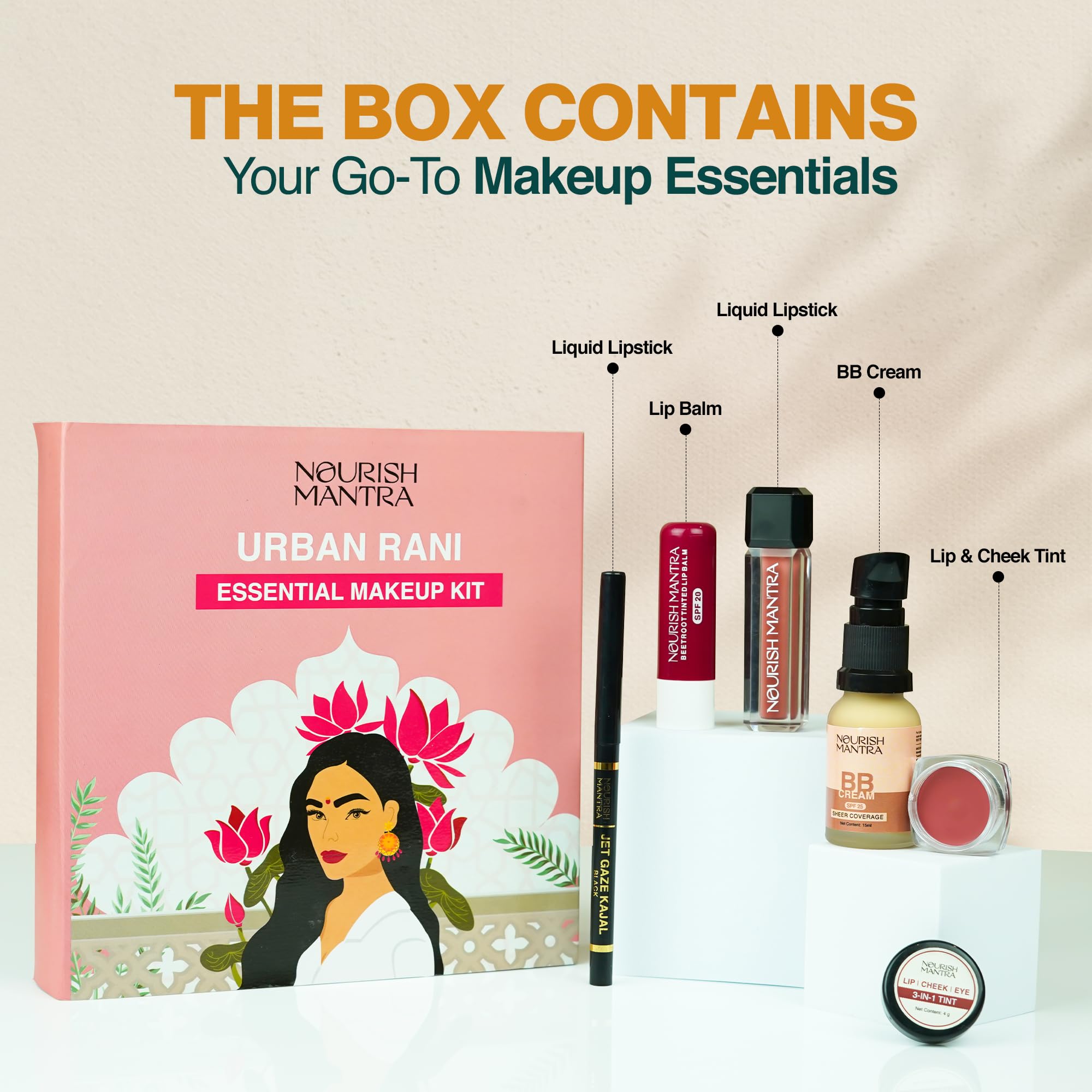 Nourish Mantra Urban Rani Essential Makeup Kit | contains BB Cream, Black Kajal, Liquid Lipstick,tinted Lip Balm, lip & Cheek Tint | Pack of 5 | Face Makeup Kit | Gift Set for Women 2