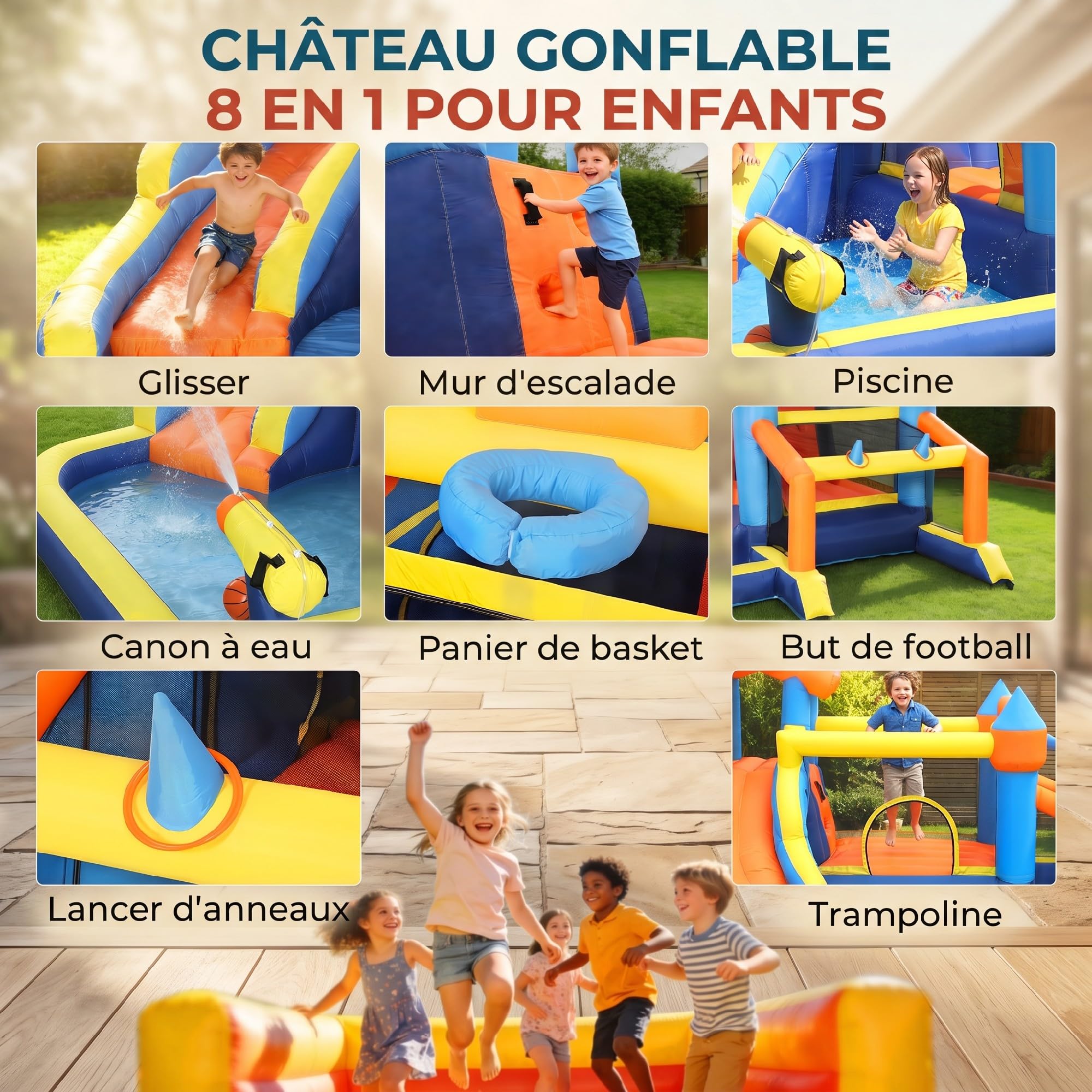 AIYAPLAY Château Gonflable avec souffleur 8 en 1 Parc Aquatique avec Toboggan, Trampoline, Piscine à balles, But de Football, Mur d'escalade, Panier de Basket, Jeu d'anneaux 350x325x210cm