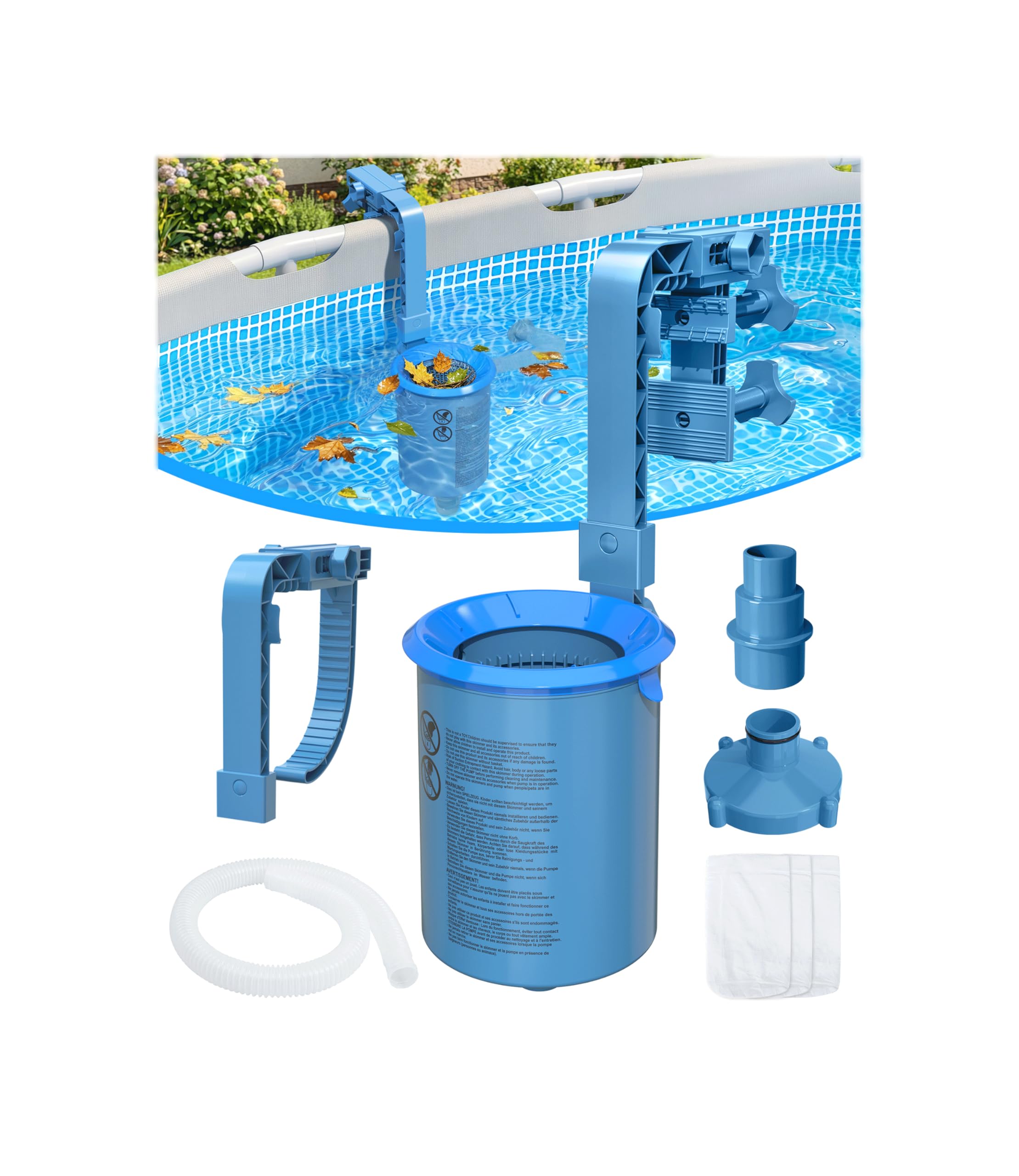 KIrSwp 2026 - Skimmer de piscina sobre el suelo con 3 calcetines de skimmer | Skimmer de superficie de montaje en pared, soporte mejorado - Antiinclinación | Cesta flotante extraíble para piscina