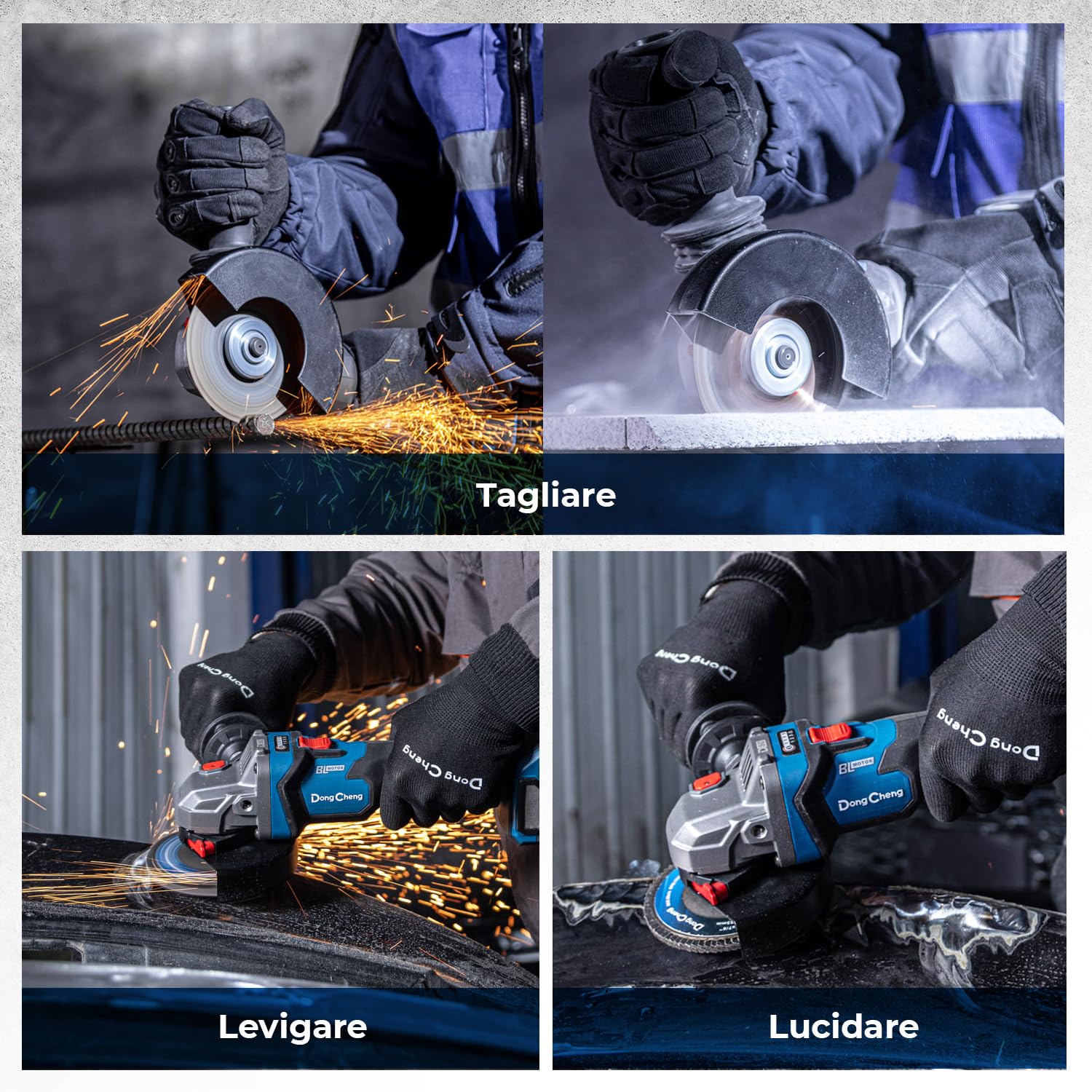 DongCheng Smerigliatrice angolare a batteria 20V 125 mm, 1000 W, 2x4.0Ah | Motore senza spazzole, 3 velocità, cuffie a sgancio rapido, impugnatura antivibrante, 2 dischi da taglio, lamellari T27 e T29