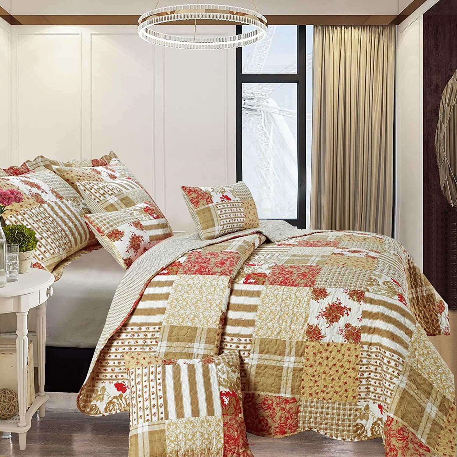 Quality Beddings 3-Piece Printed Patchwork Quilted Bedspread | Breathable & Reversible Coverlet Set | Soft Touch Microfibre & Machine Washable Floral Bedspreads (Fine Decor, King - 250x250cm)