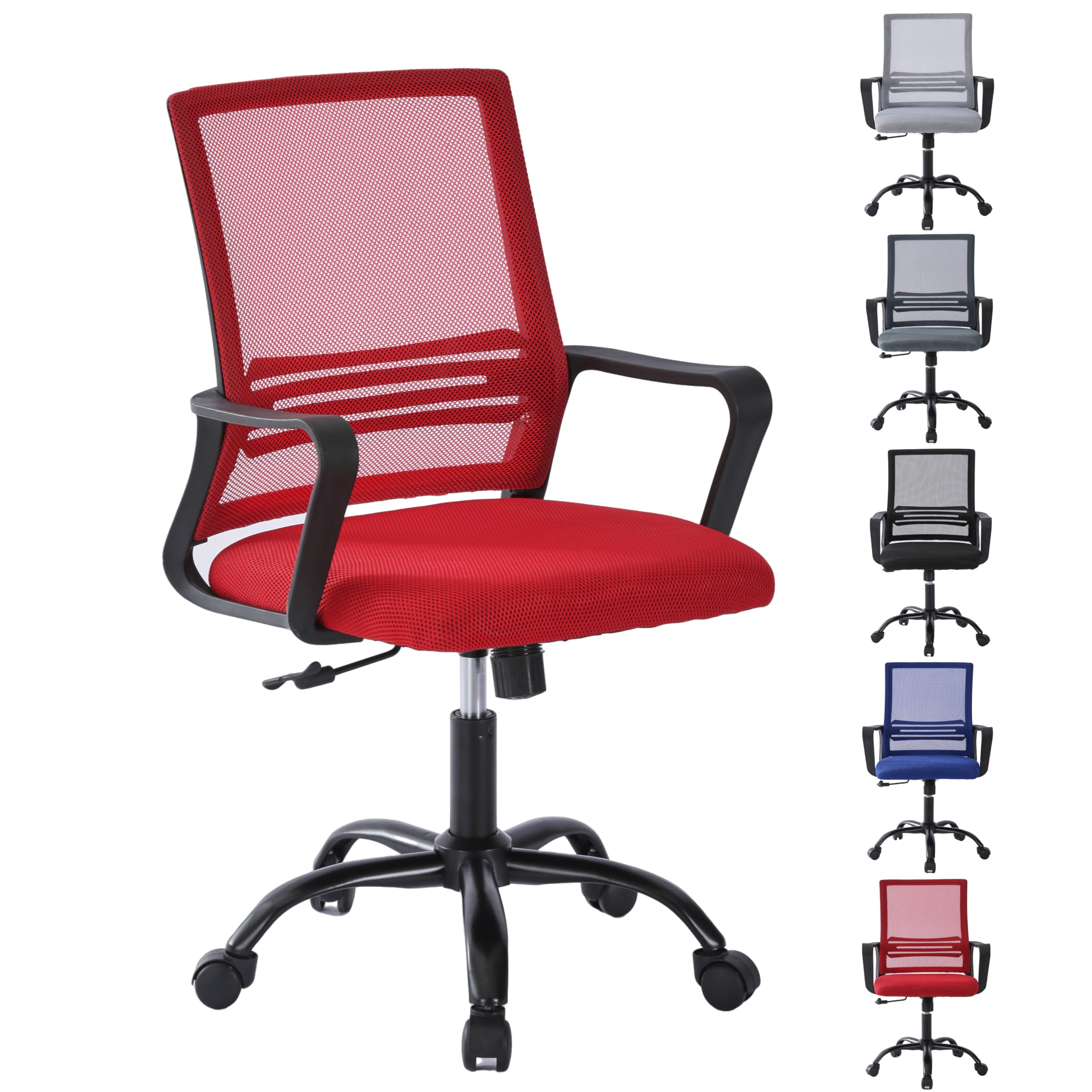 mcc direct Adjustable Office Chair, Ergonomic Mesh Swivel Office Chair with Padded Seat Cushion, Height Adjustable Computer Chair with Lumbar Support and Swivel Rocking for Home, Office - MESH (Red)