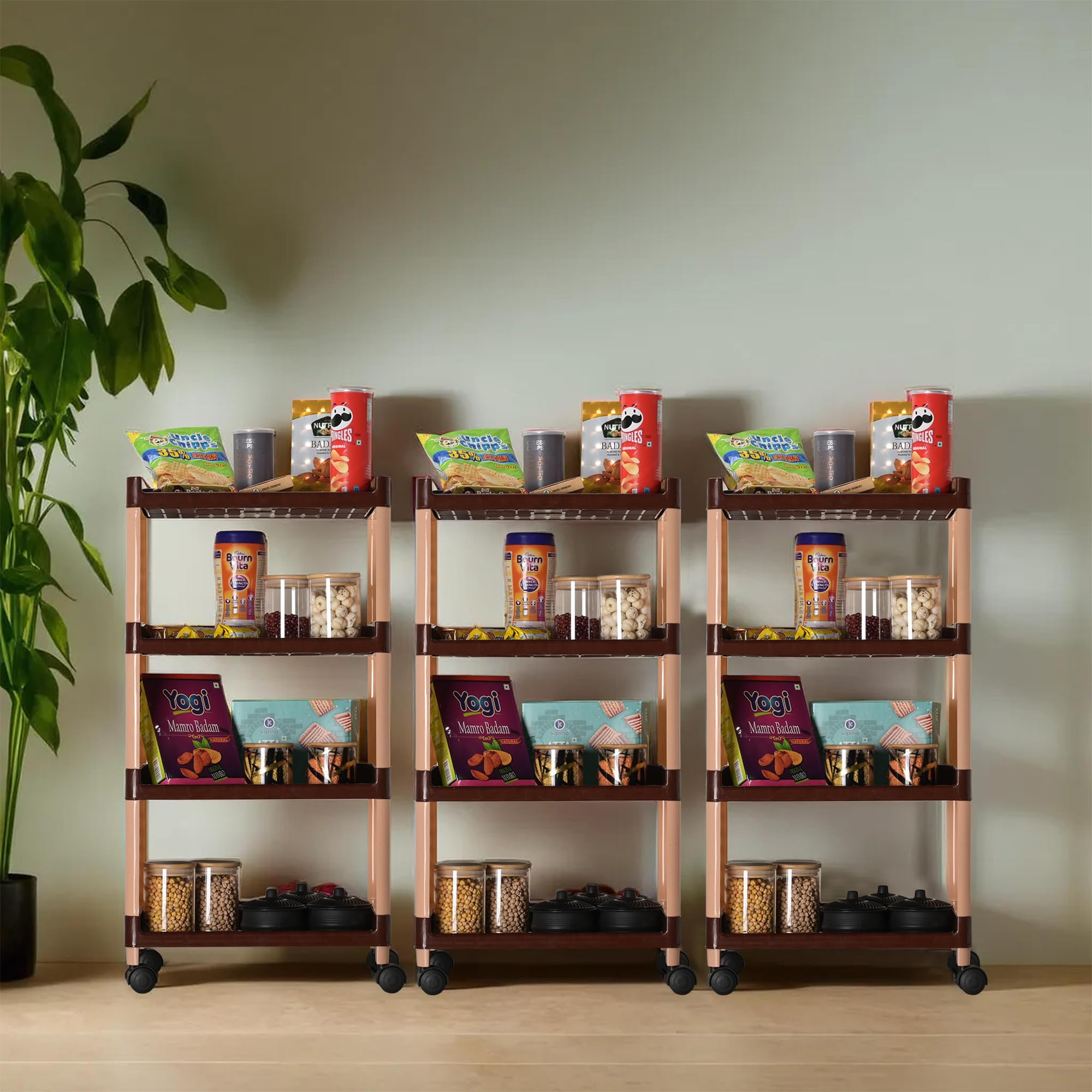 Kuber Industries Pack of 3 Storage Rack with Wheels | 4-Shelf Storage Organizer Rack | Multipurpose Storage Trolley Rack for Kitchen-Home-Office | Vegetable Storage Trolley | Brown (B0CZXWF9GQ) Amazon Price History, Amazon Price Tracker