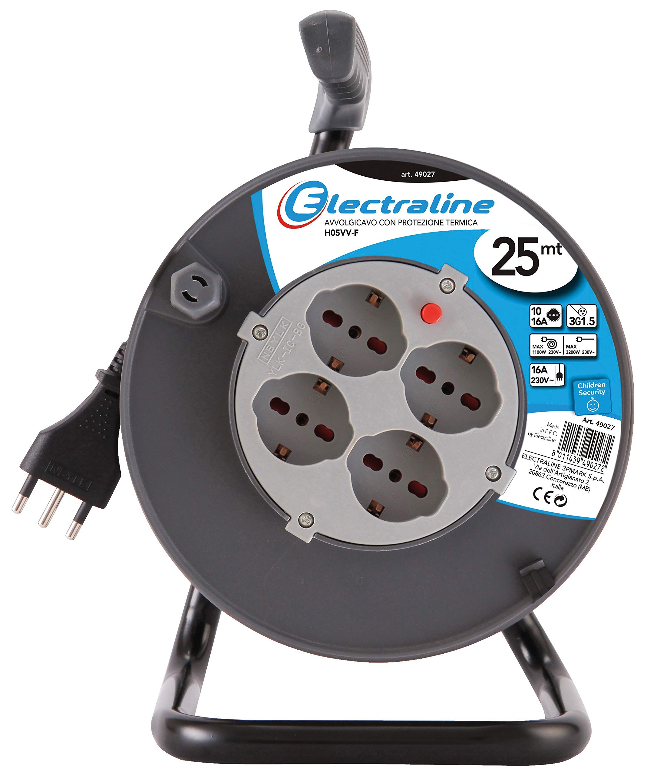 Electraline 3Pmark 8014211047565 - Enrollador de cable (25 mm, 3 x 1,5 mm, 4 bip/SCH+Protez/49027), multicolor