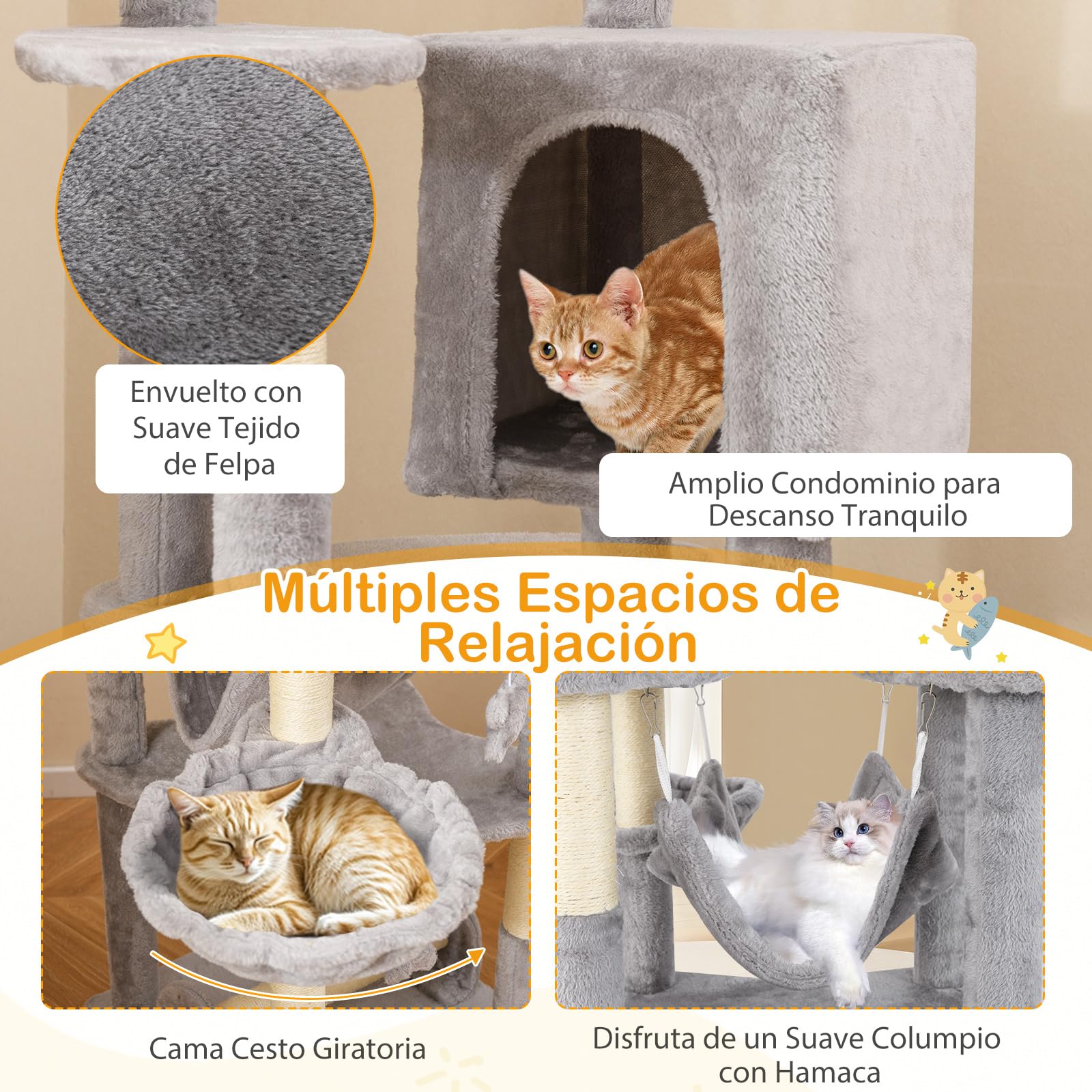 COSTWAY 176cm Árbol para Gatos, Rascador para Gatos con Perchero Superior, Cesta Cama, Hamaca, Poste para Rascar, Plataformas y Juguetes Colgantes, Centro de Actividades para Gatos