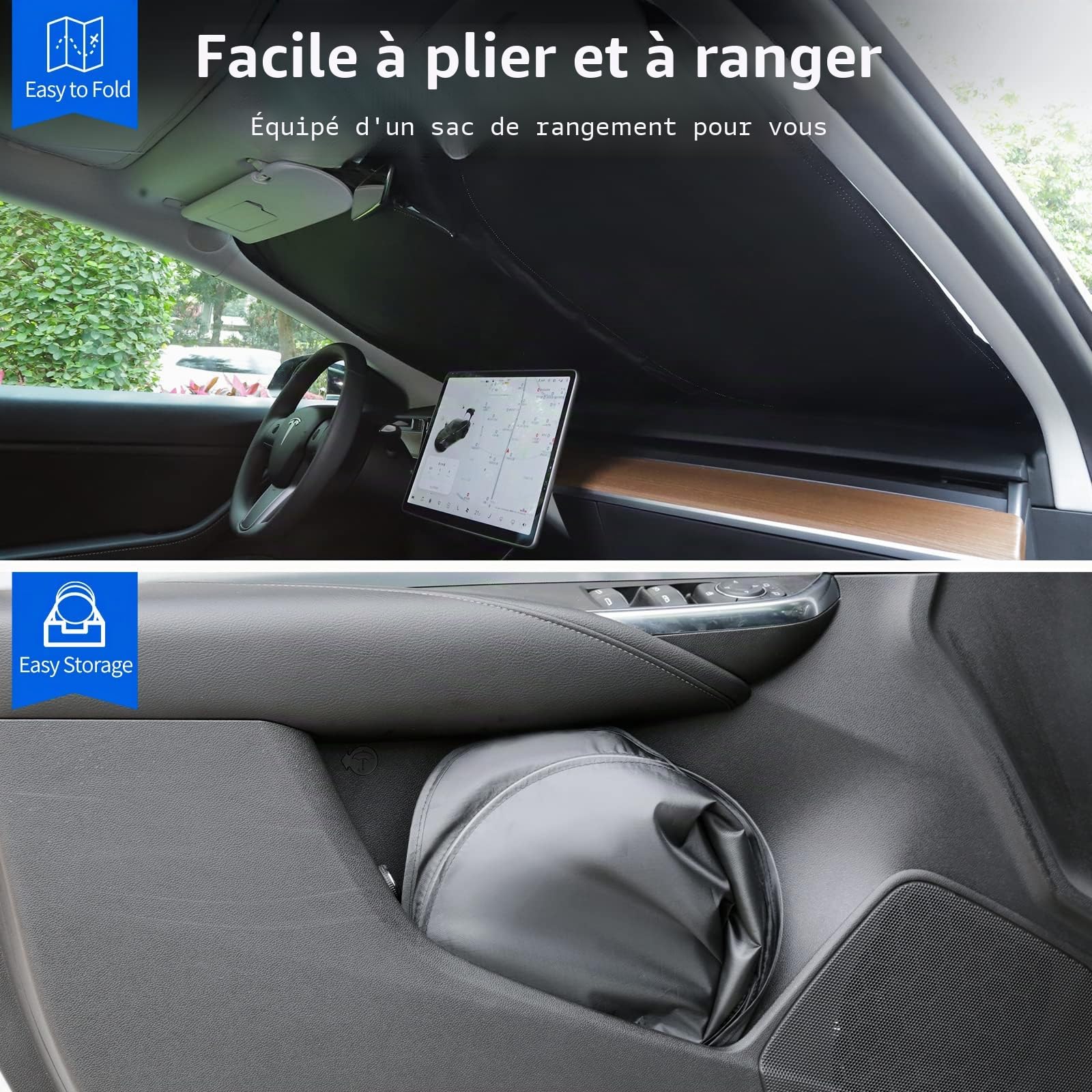 Pare-Soleil Pliable pour Tesla Model 3/Y (Mise À Jour 2026) – Pare-Brise Avant, Tissu Opaque Double Couche, avec Sac De Rangement – Accessoire pour Tesla Model 3 Model Y 2019-2026