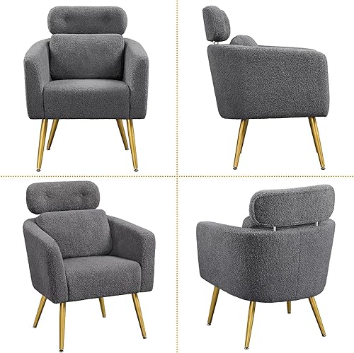 Miniatura 4 de Yaheetech Silla decorativa, acogedora silla de sala de estar con reposacabezas ajustable, silla de tocador Boucle con almohada lumbar y patas