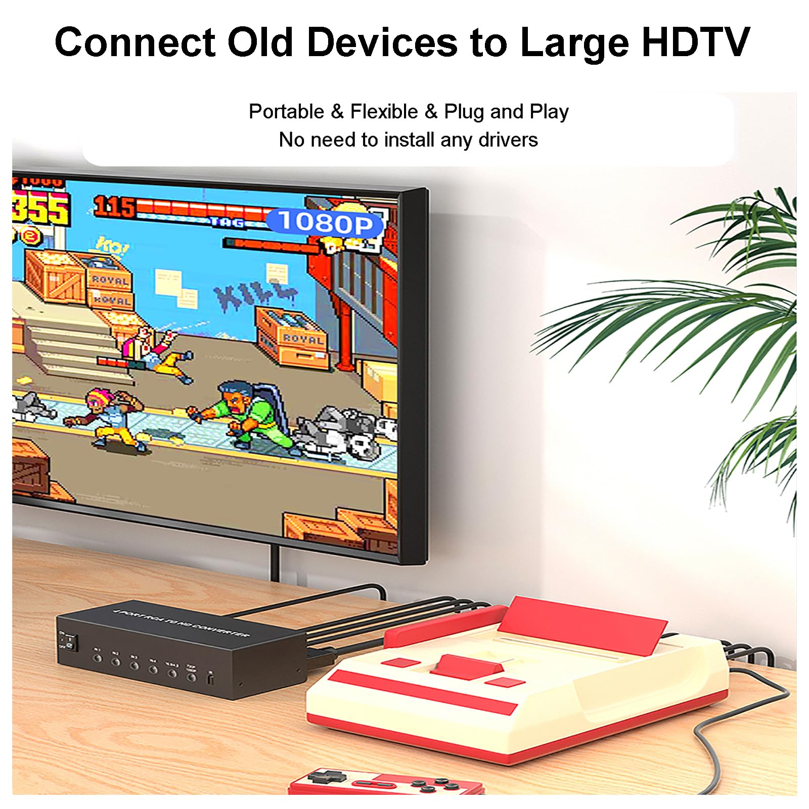 Convertidor AV a HDMI de 4 puertos, adaptador RCA (rojo, amarillo y blanco) a salida HDMI | 4 entradas compuestas, 1 salida HDMI, salida 720P/1080P (60HZ), soporta conmutación 4:3/16:9, con control remoto IR