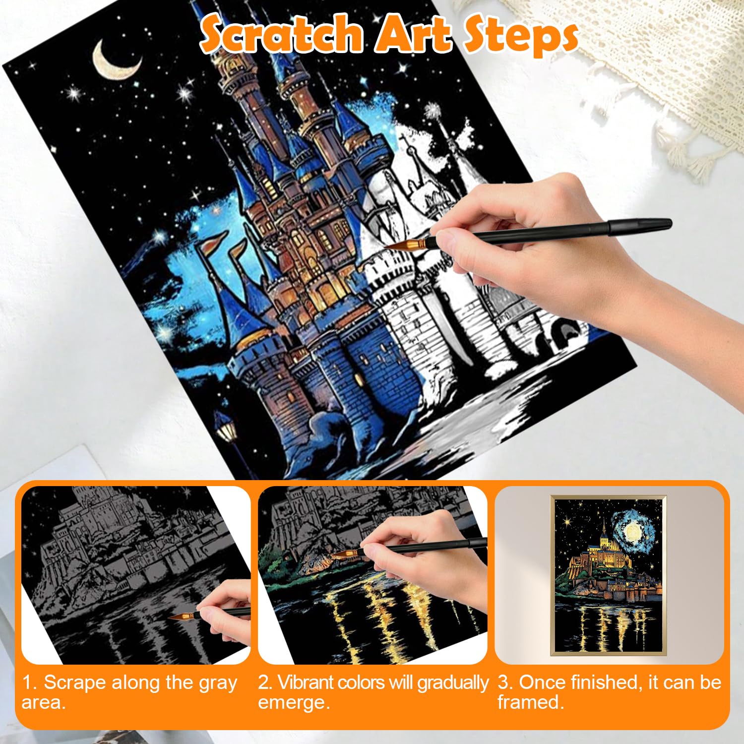Kit complet de 8 outils pour la gravure à gratter, Collection Ville - Monuments - Scène nocturne - Planches à gratter à faire soi-même - Kit créatif pour adultes et enfants
