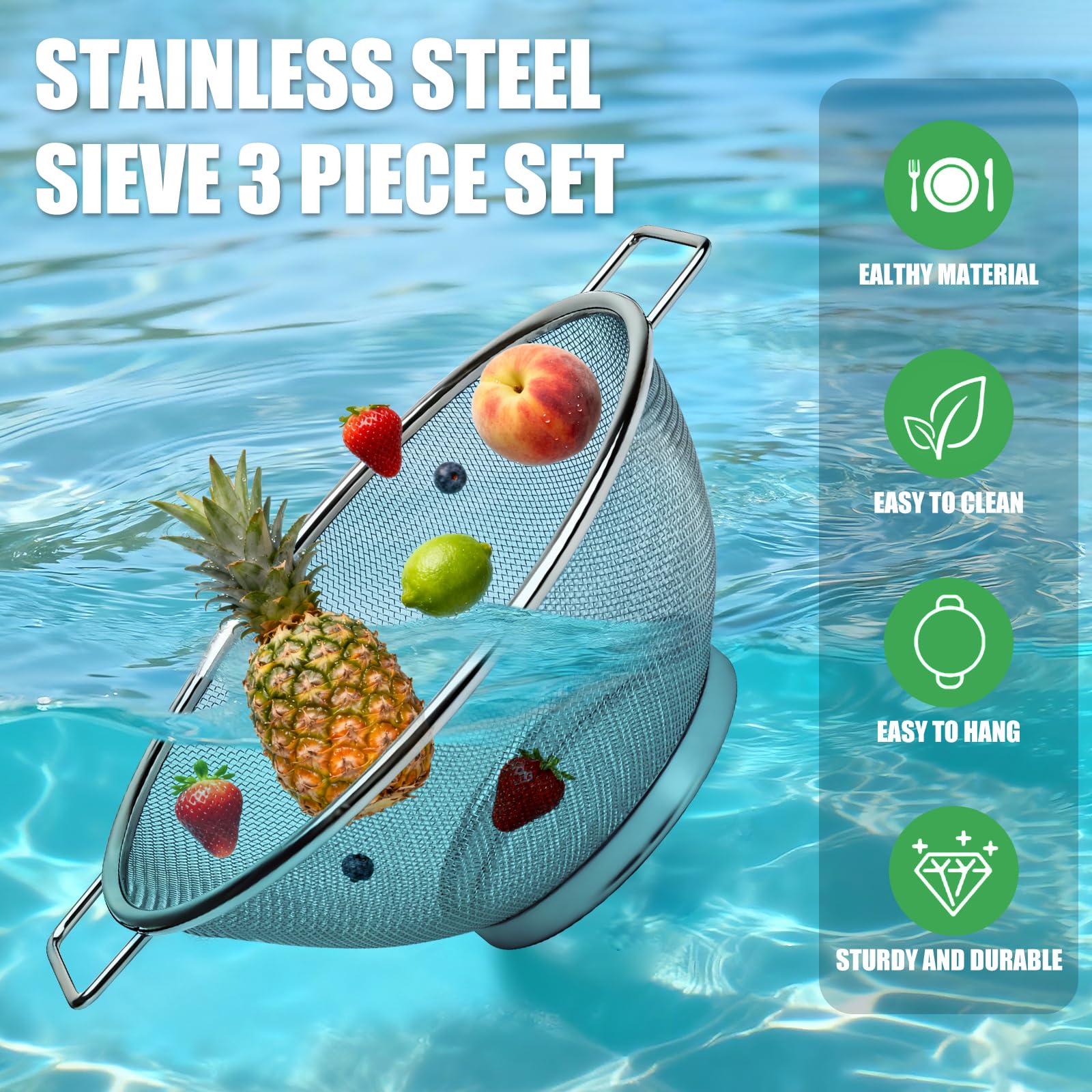 Set 3 Scolapasta in Acciaio Inox con Manici, Micro-Perforato per Drenaggio Veloce, Scolapasta per Pasta, Riso, Verdura e Frutta, Forte e durevole, Facile da Pulire (18/22/24 cm)