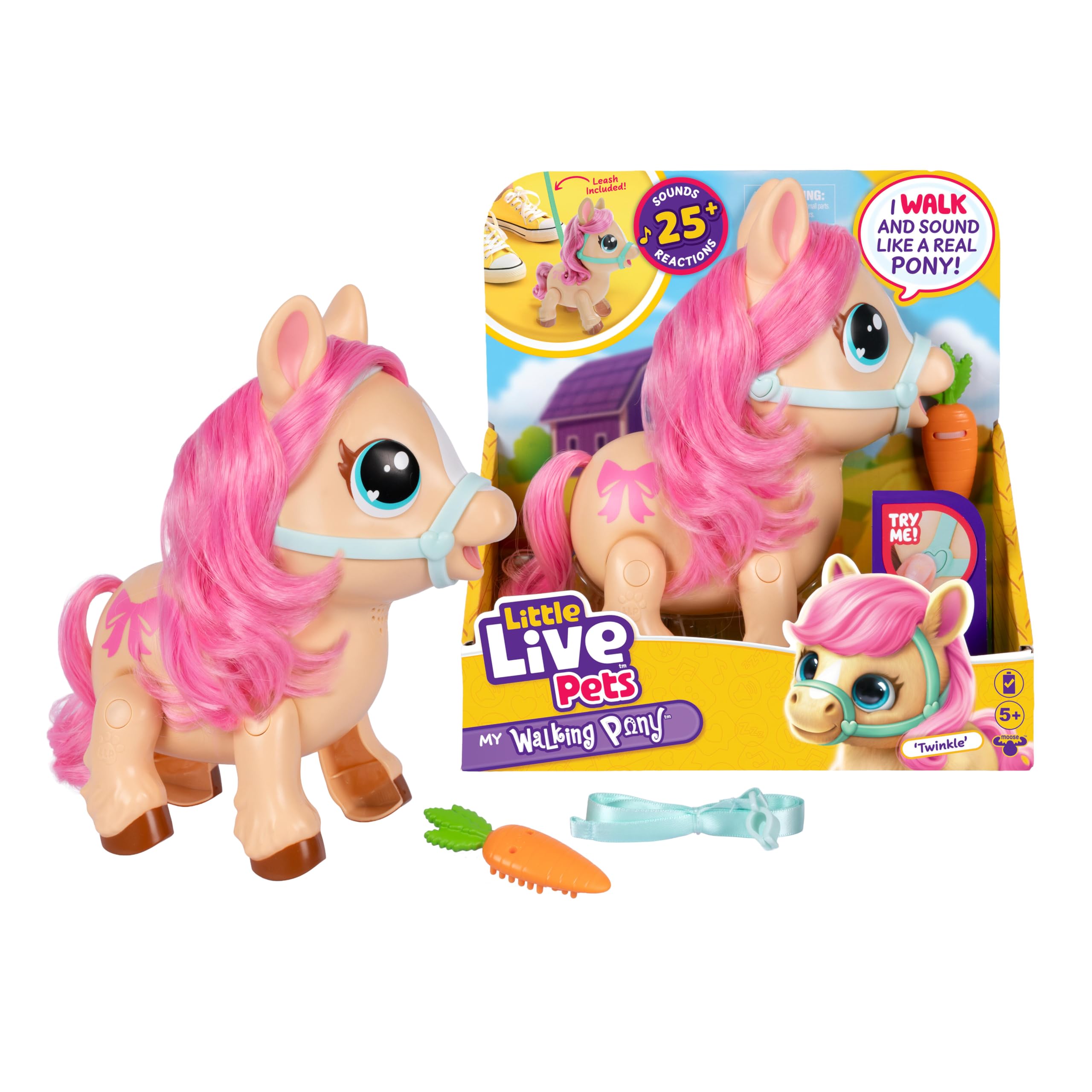 Little Live Pets My Walking Pony - Twinkle, Interactive Pony with 25+ Sounds and Reactions, 16.7cm Tall, Walks On & Off Leash, Brush Hair, Feeds, Reacts to Touch, Great For Ages 5+