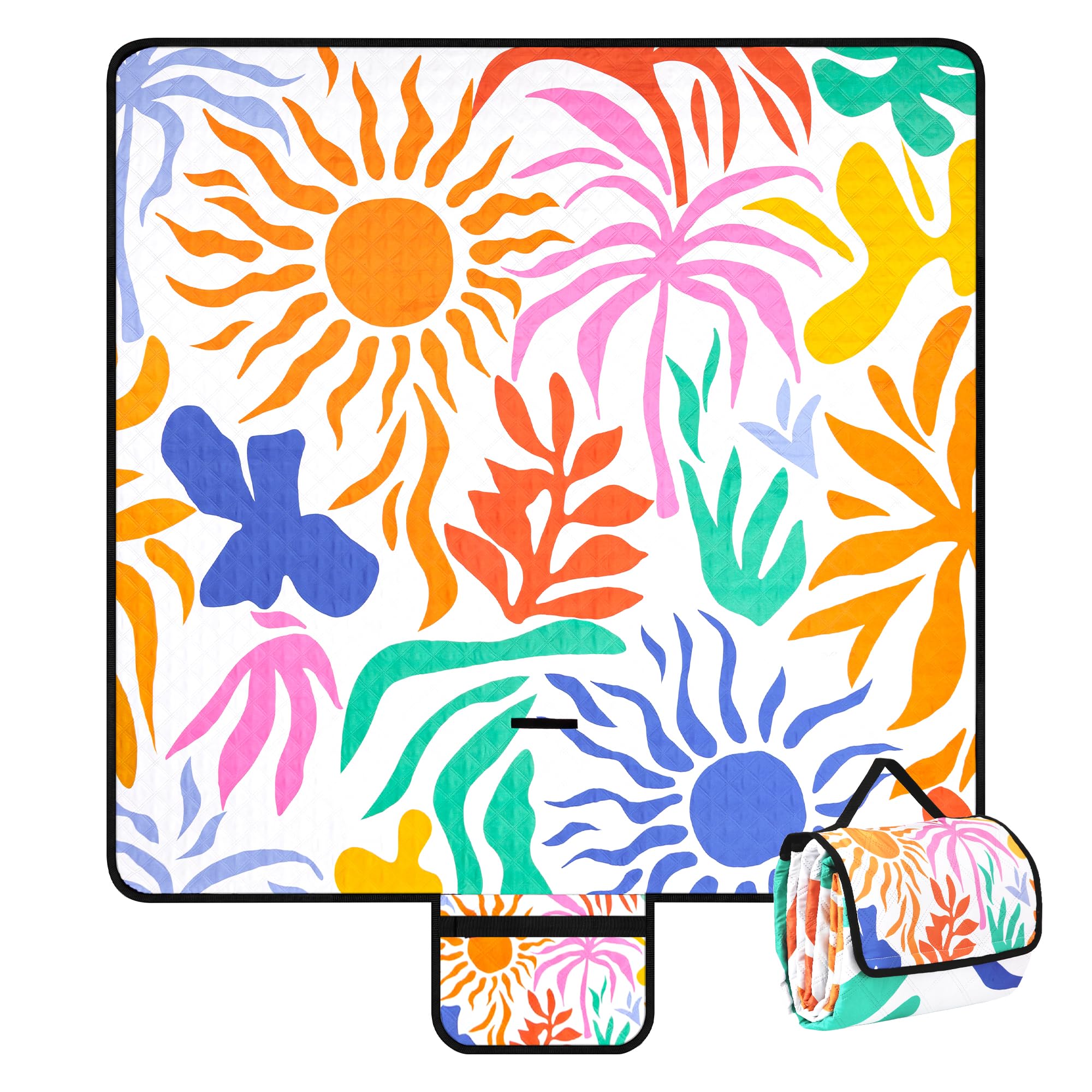 Picknickdecke XXL 200x200 cm,Stranddecke wasserdicht sandfrei, faltbare Strandmatte aus waschbarem Dreischichtige Struktur Tragbar für Familiencamping, Strand, Park, Reisen und Rasen –Tropische Blumen
