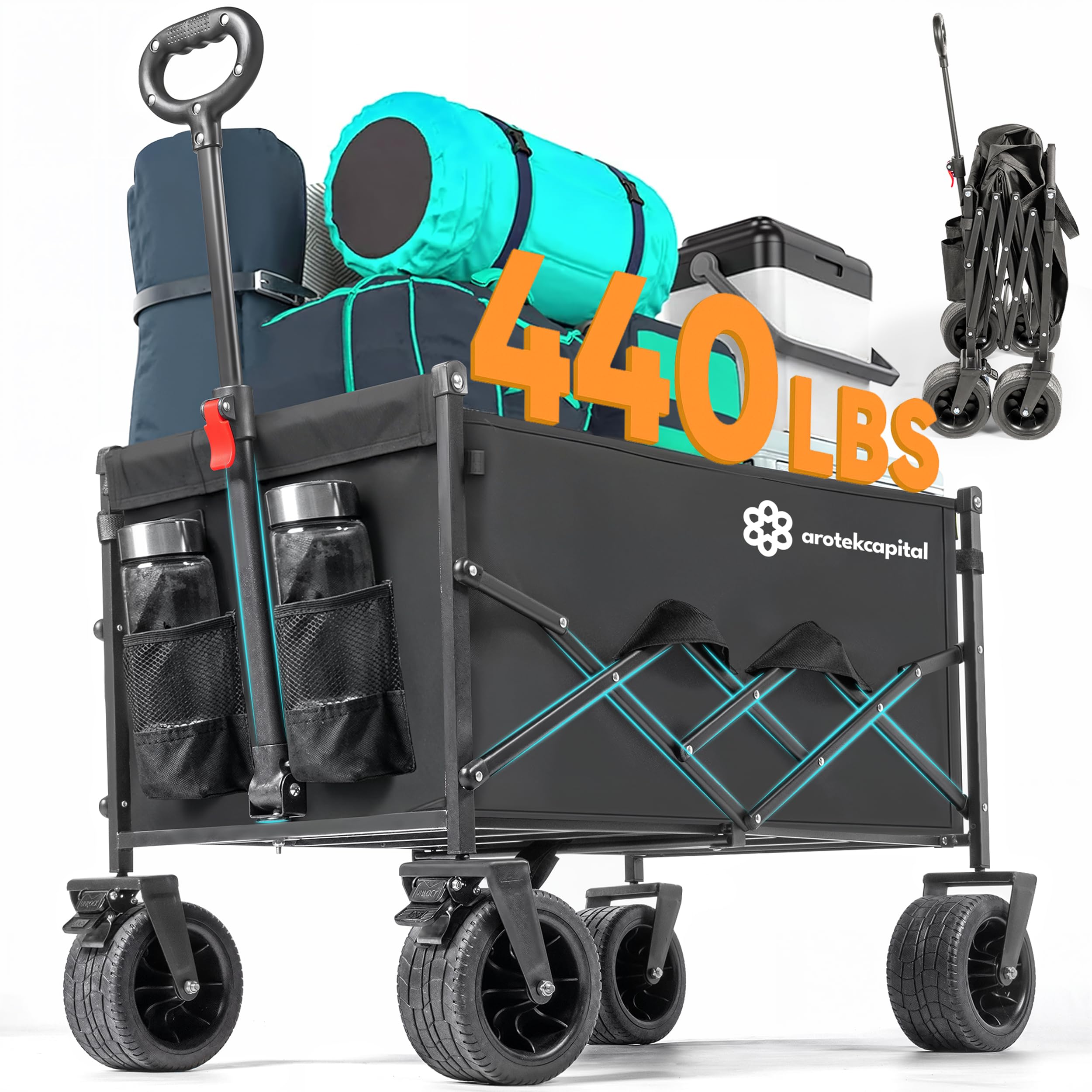 Collapsible Foldable Wagon Cart, 440lbs Heavy Duty Utility Wagon with All-Terrain Wheels, Folding Outdoor Cart with Brakes for Beach, Sports, Camping, Garden, Shopping – Black