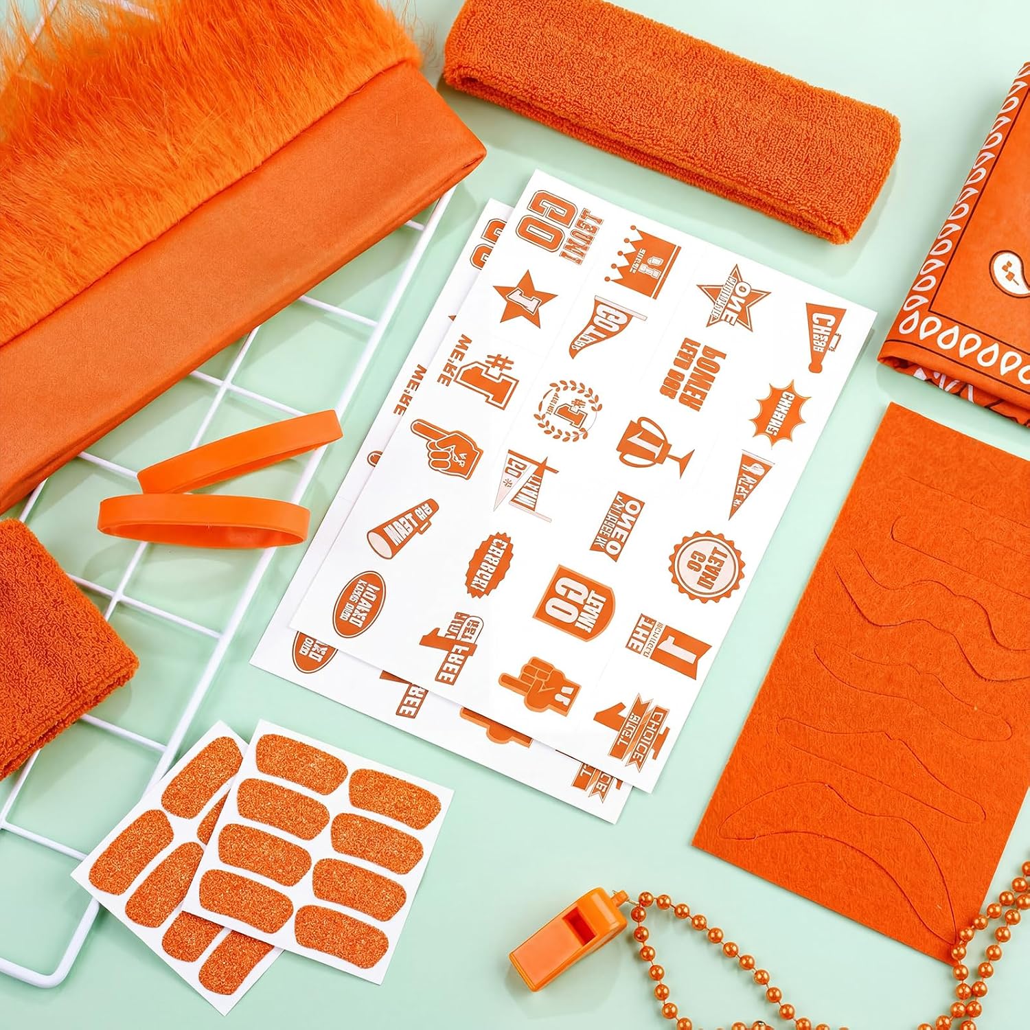 Bonuci 72 Pcs Orange Spirit Wear Man Accessories Items Bulk Team Spirit Week Field Day Camp Spirits Color War Accessories Fake Mustache Crazy Hair Wig Bandana Tattoo Noisemaker Eye Black